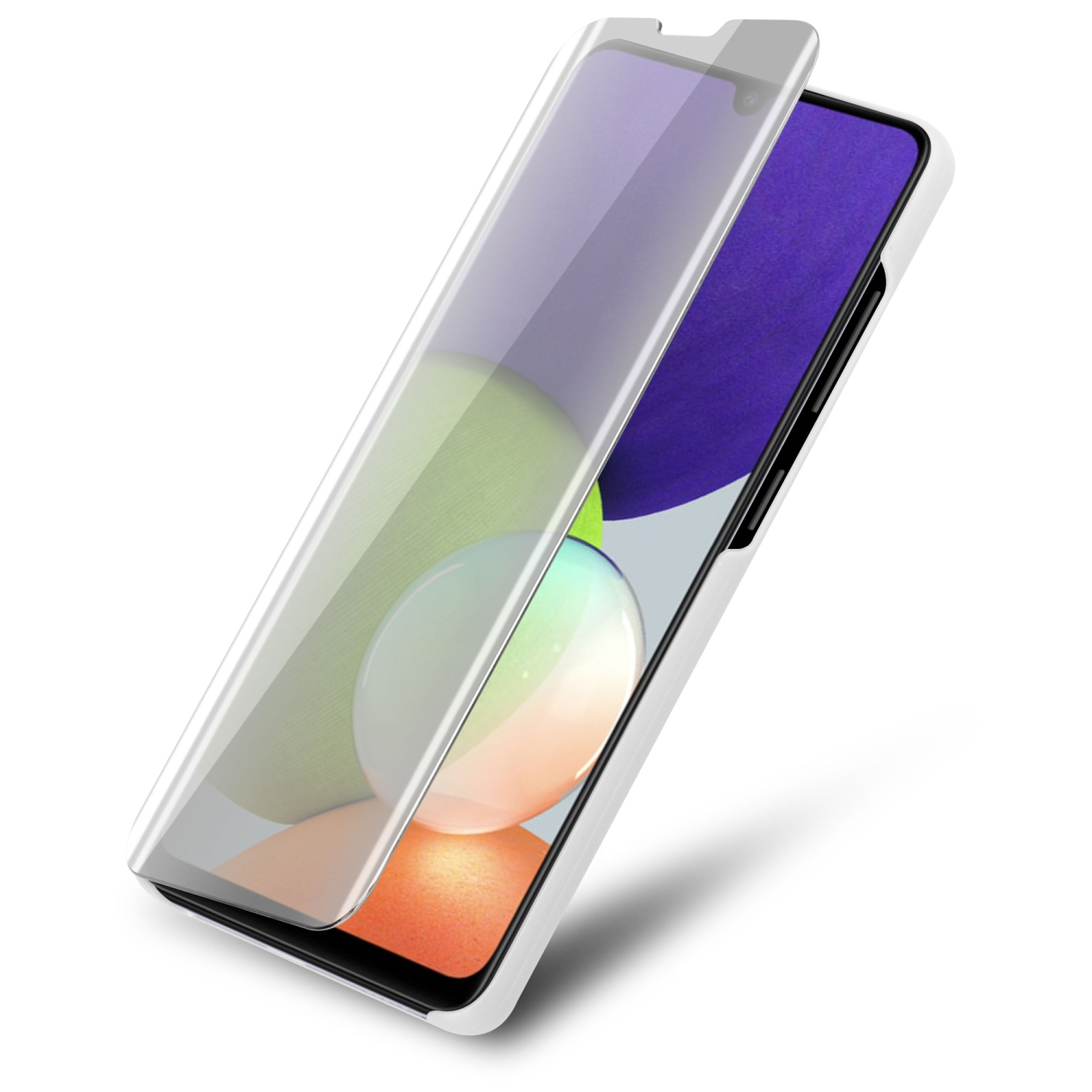 Telefono con protezione schermo applicata. Il telefono è bianco con protezione schermo trasparente.