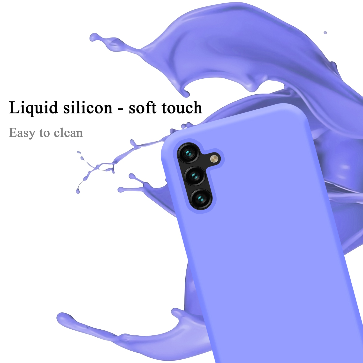 Una custodia per telefono viola chiaro con un telefono all'interno e uno schizzo di liquido sullo sfondo.