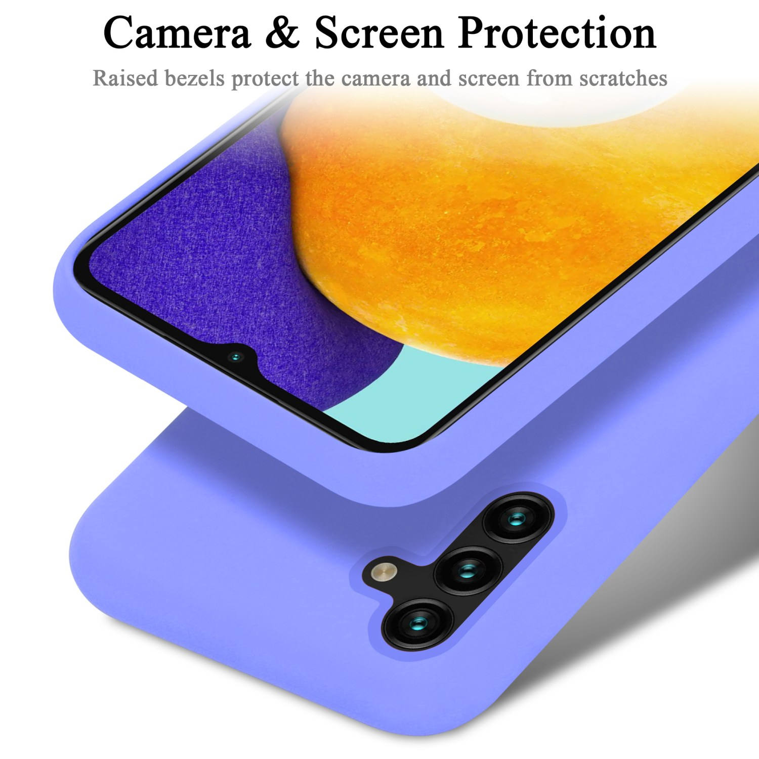 Telefono in una custodia. Dettagli dello schermo e della fotocamera rialzati. Testo: Protezione fotocamera e schermo.