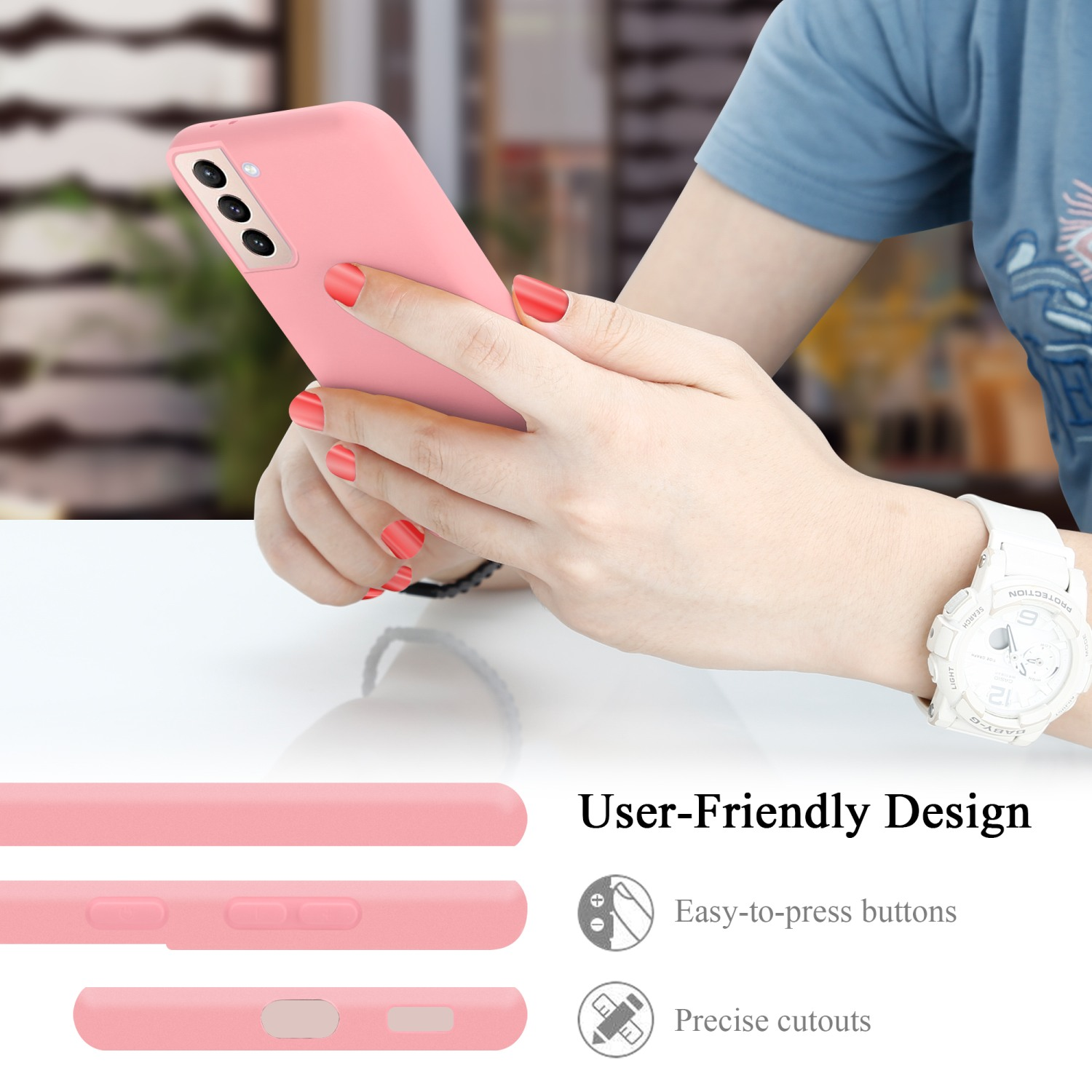 Mani che tengono una custodia rosa. Dettagli bottoni e fori. Design intuitivo.