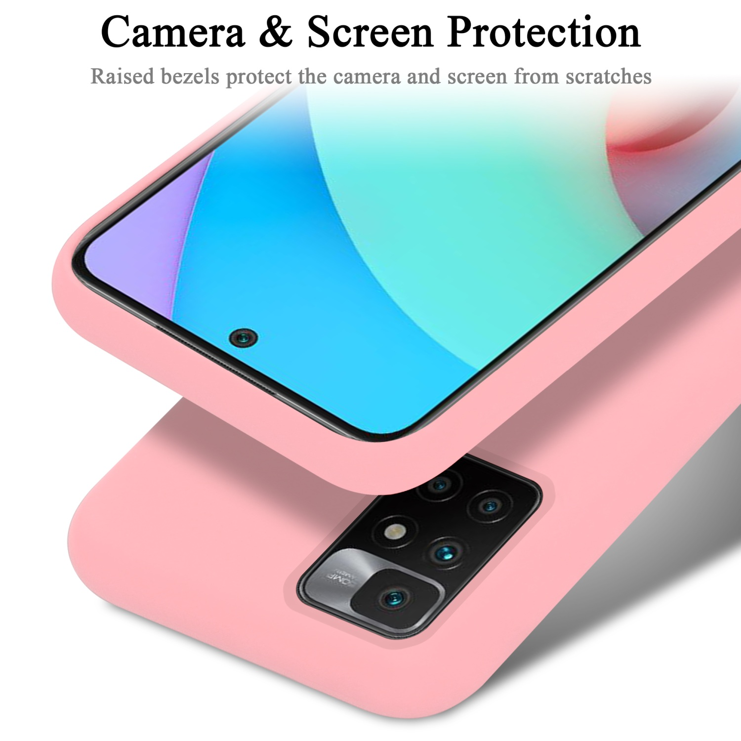 Eine rosa Handyhülle mit einem rosa Telefon darin. Die Kamera ist sichtbar.