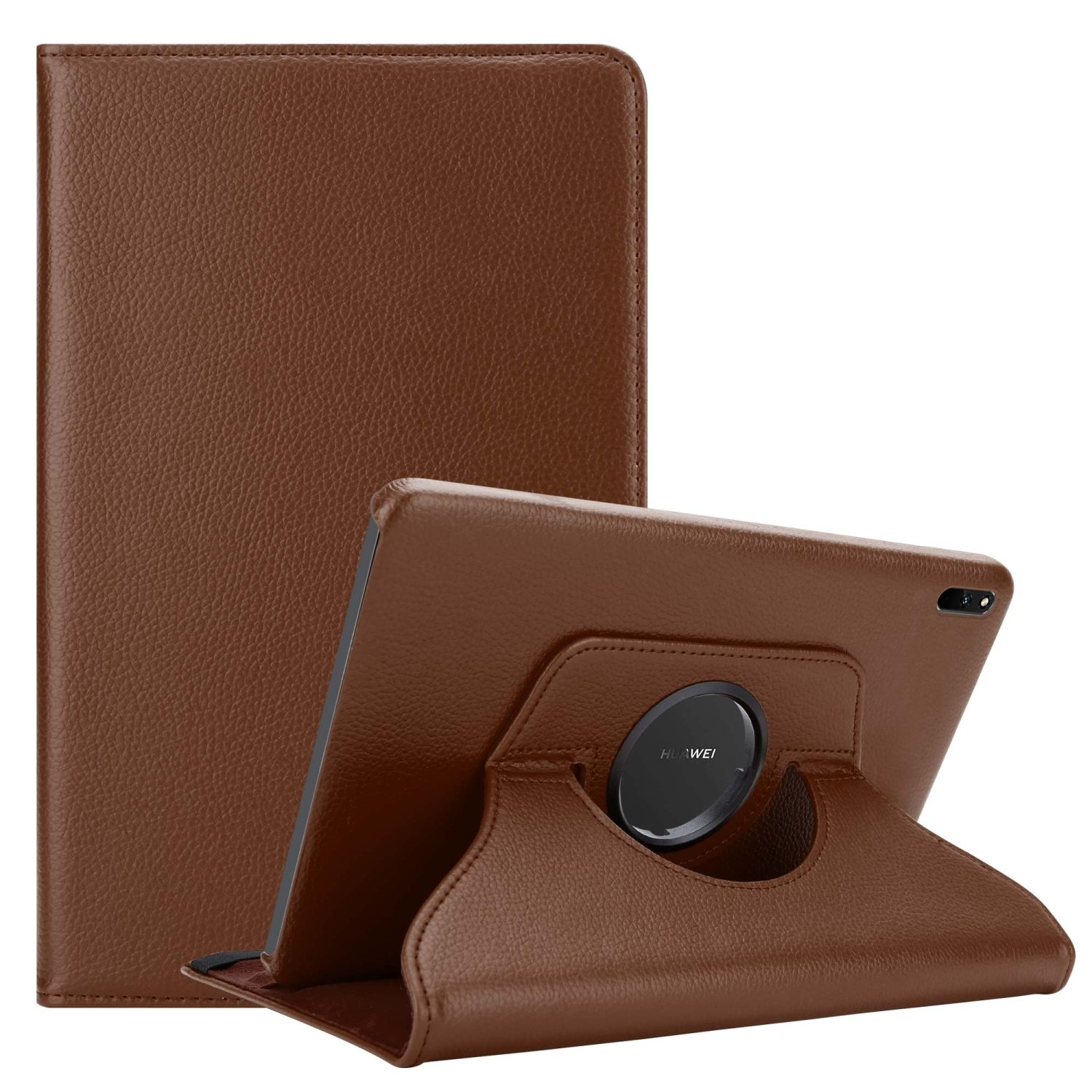 Funda de tableta marrón con una tableta dentro. La funda se pliega para crear un soporte. Fondo blanco.