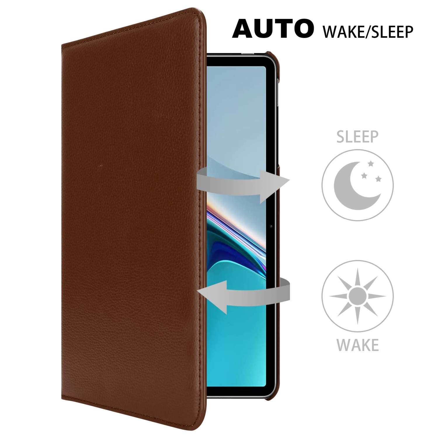 Funda de tableta marrón abierta, revelando la tableta. Iconos sugieren función de encendido/apagado automático.