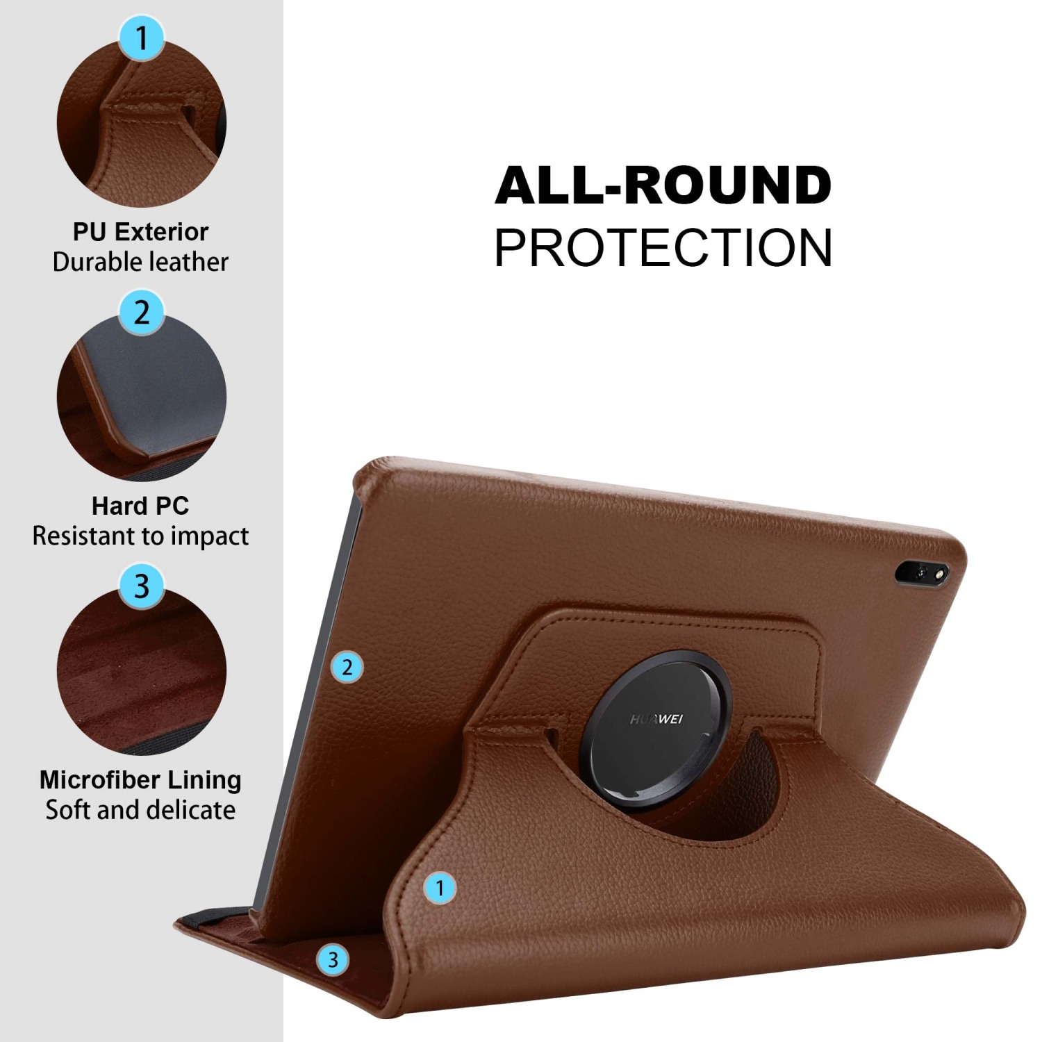 Funda de tableta marrón con soporte. La funda tiene exterior de cuero, PC duro e interior suave.