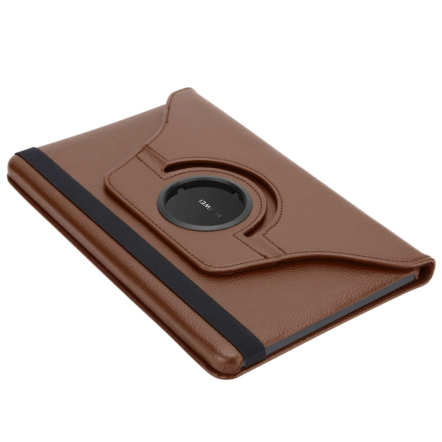 Una funda de tableta marrón, cerrada. La funda tiene un mecanismo giratorio para la tableta.