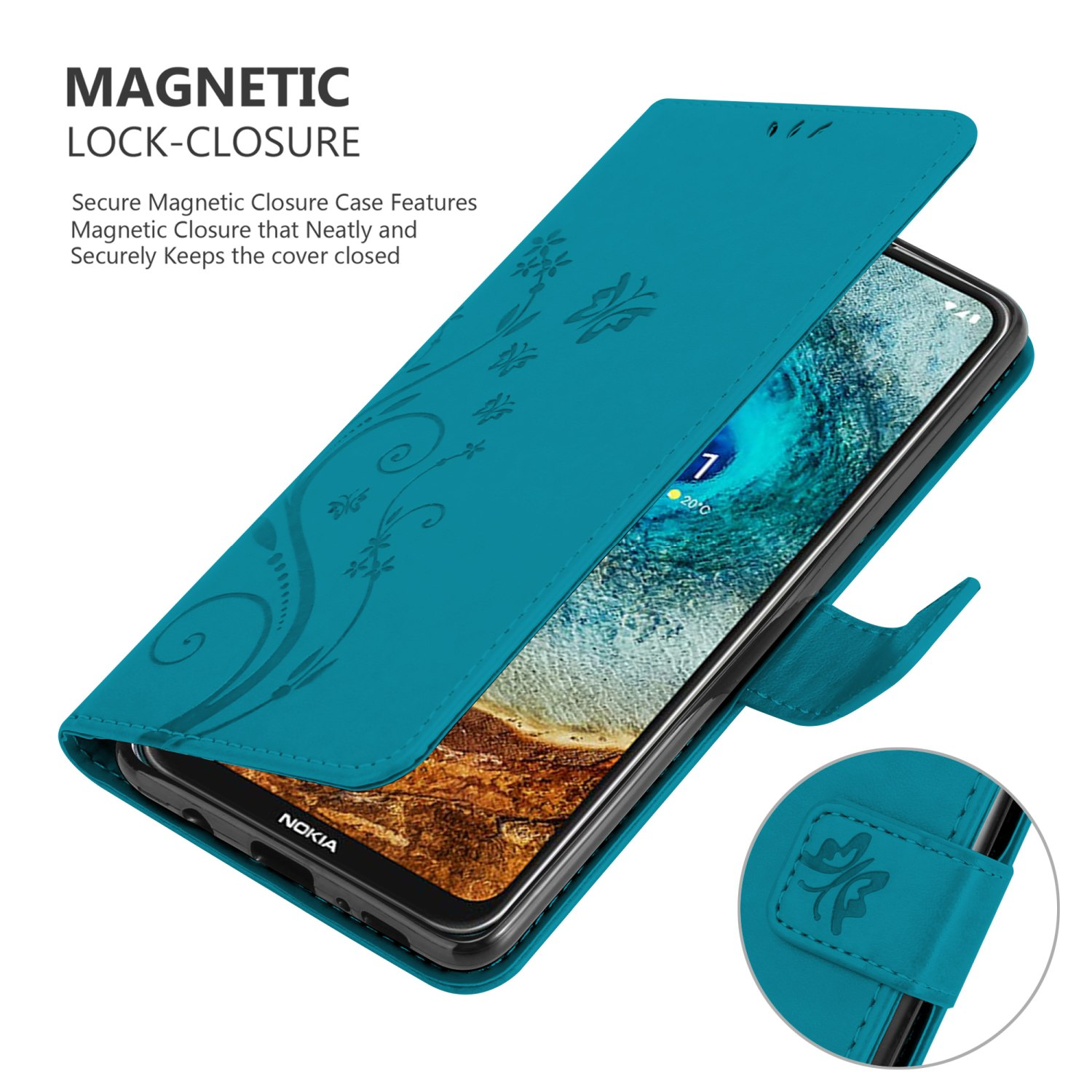 Custodia per telefono verde acqua con telefono all'interno e design floreale, testo di chiusura magnetica.