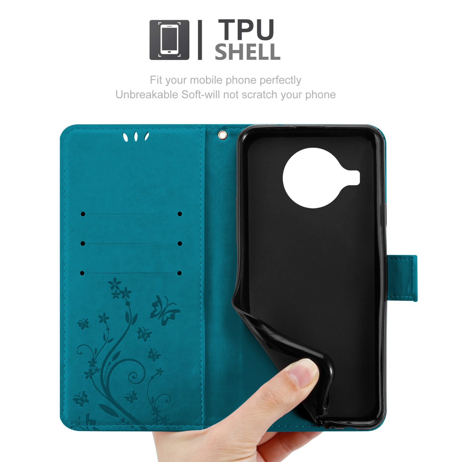 Custodia per telefono verde acqua aperta, con un telefono all'interno. Design floreale a sinistra e una mano che tiene.