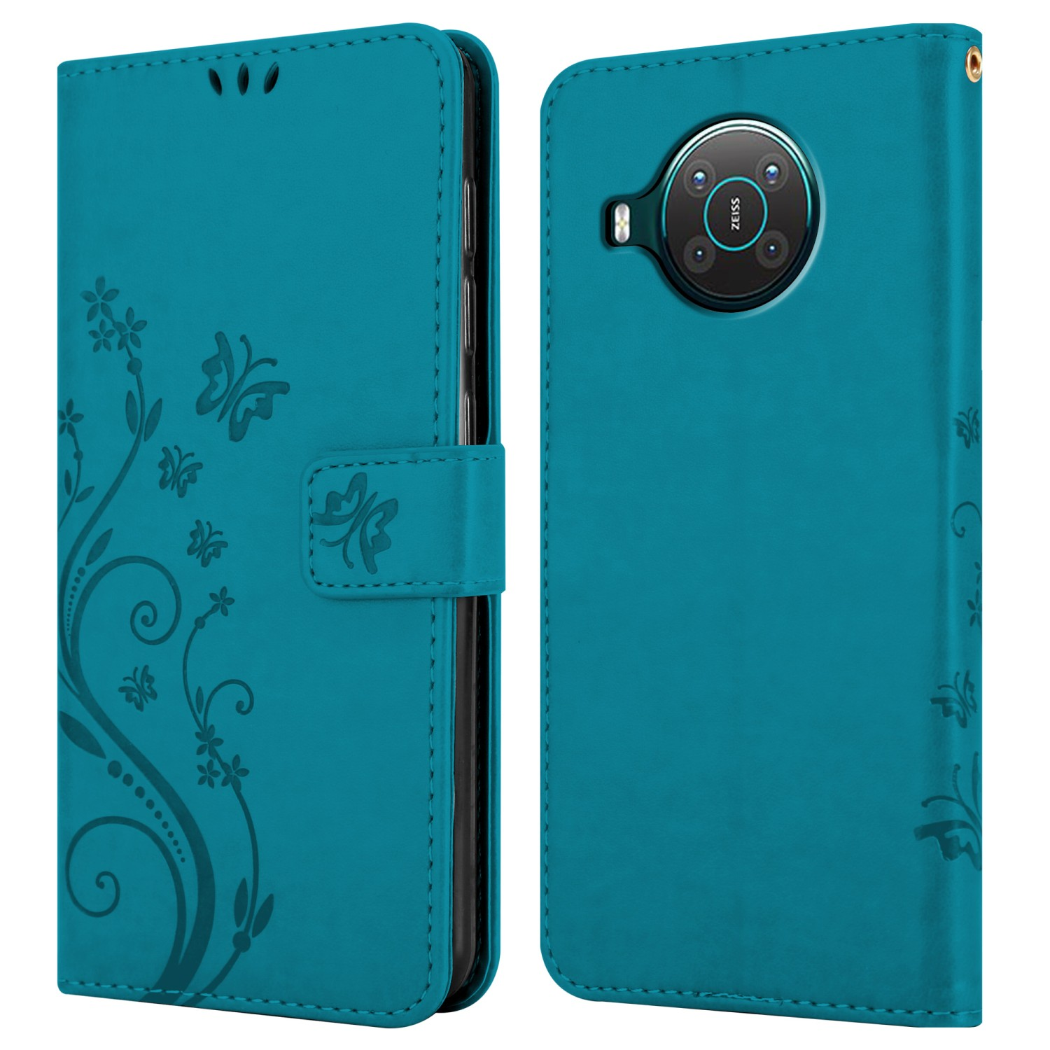 Custodia per telefono verde acqua con design floreale è mostrata aperta con un telefono all'interno.