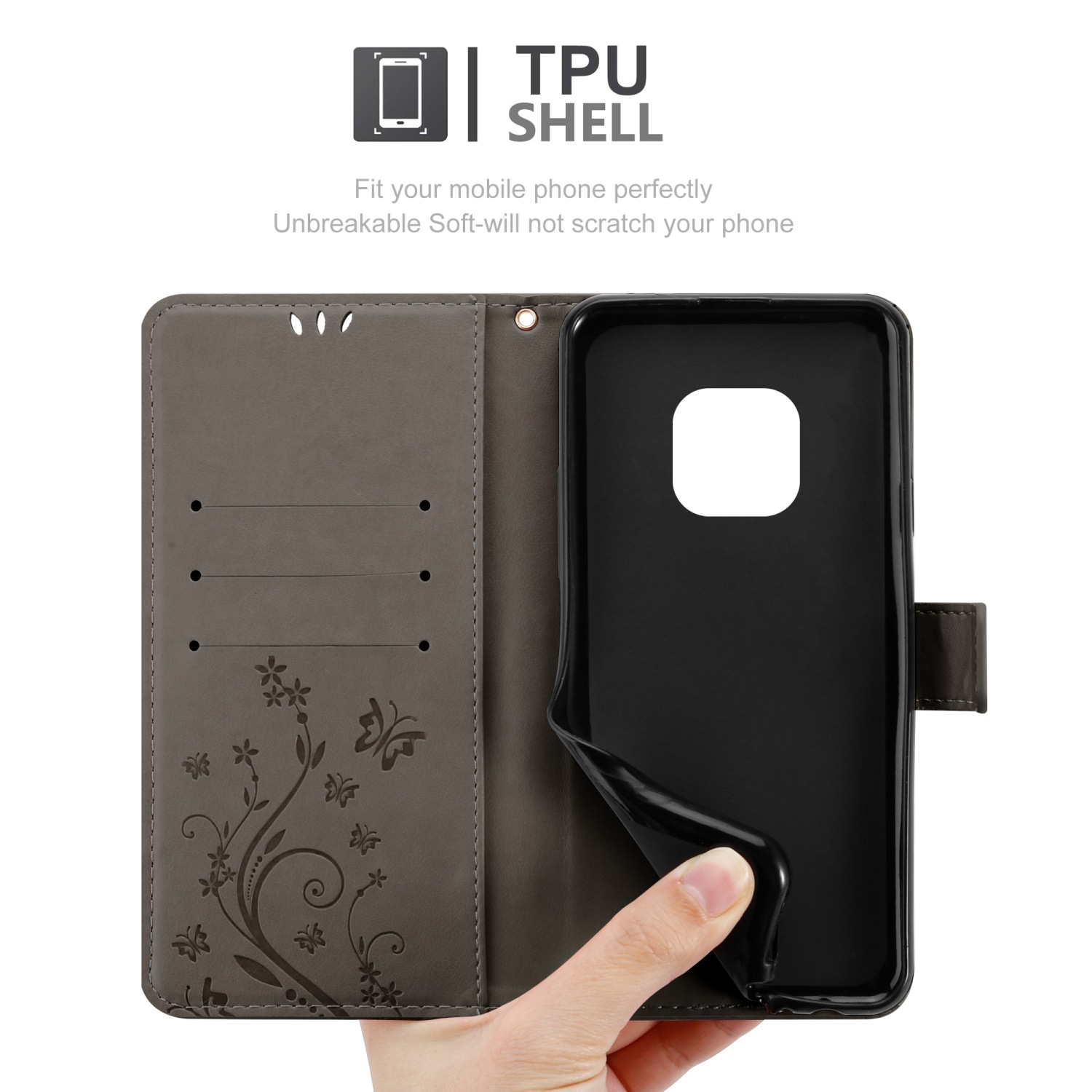 Custodia per telefono grigia aperta con inserto nero, che mostra un design floreale.