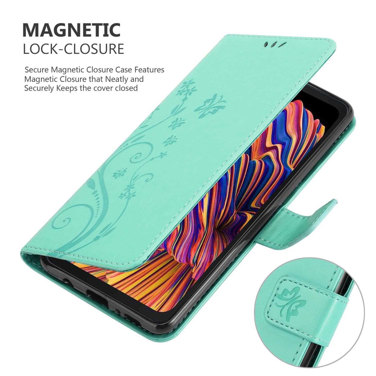 Custodia per telefono verde menta aperta, che mostra un telefono. Design floreale sulla cover e chiusura magnetica.