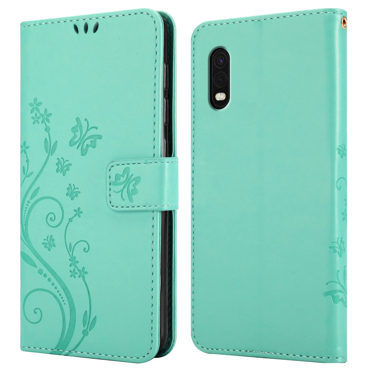 Custodia per telefono verde menta aperta con un telefono all'interno. La custodia ha un design floreale.