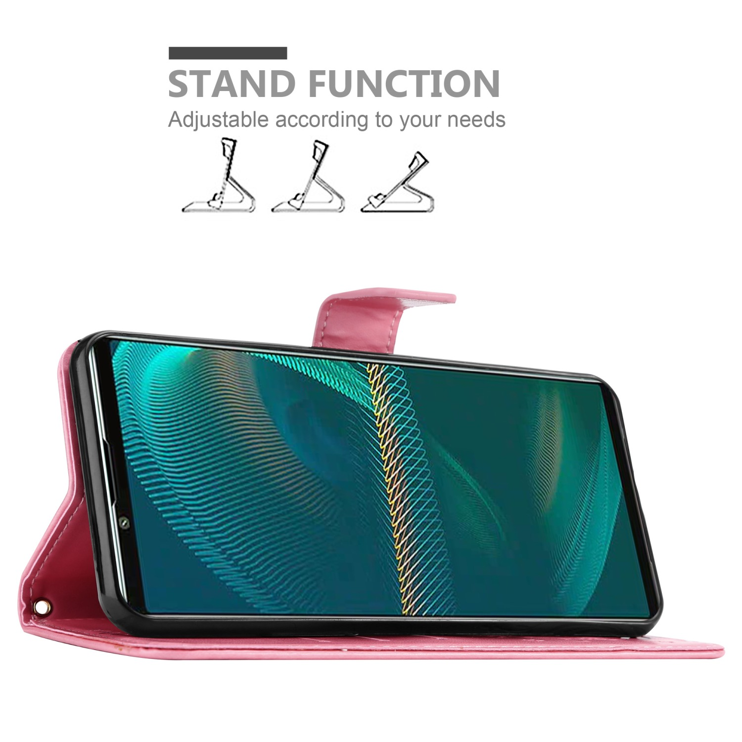 Una custodia per telefono rosa aperta con un telefono all'interno, angolata per essere un supporto. L'etichetta dice funzione stand.