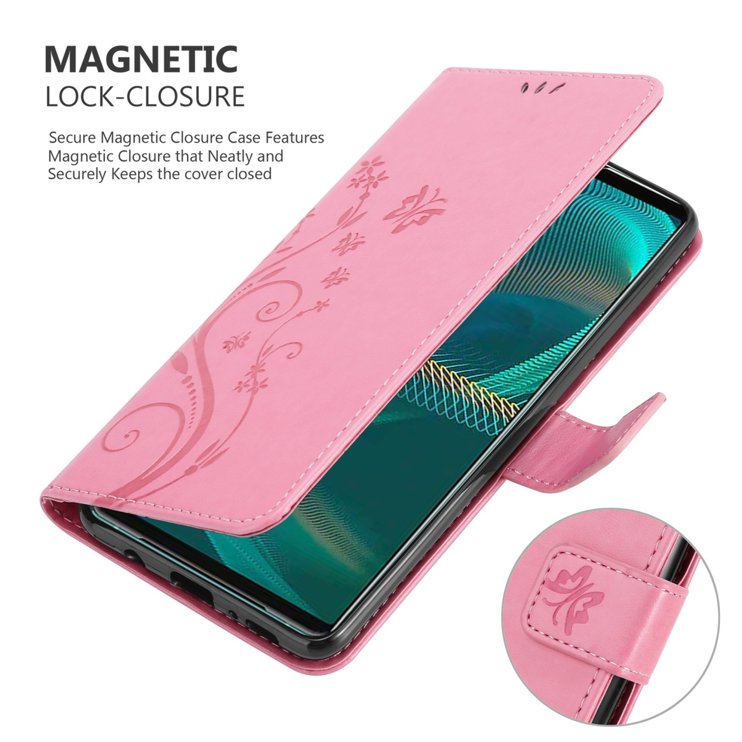 Custodia per telefono rosa con design floreale, aperta, telefono all'interno. Il testo dice 'MAGNETIC LOCK-CLOSURE'.