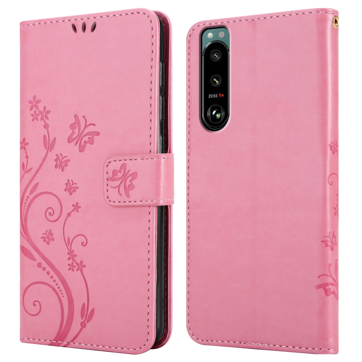 Custodia per telefono rosa, che mostra fronte e retro, con design floreale sul davanti.