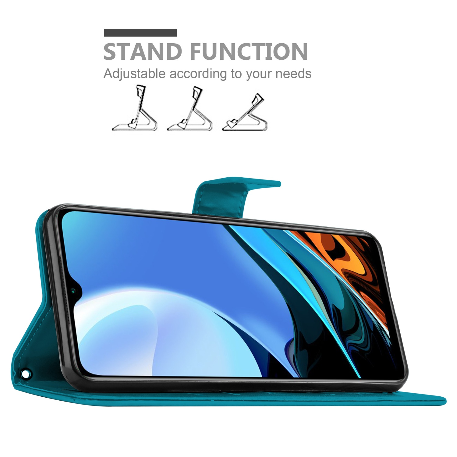 Custodia a portafoglio per telefono verde acqua con un telefono all'interno. Illustrazioni della funzione stand sopra.