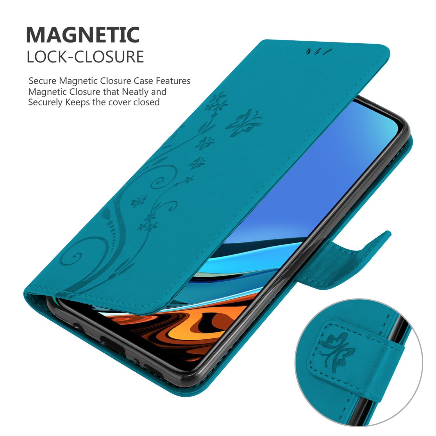 Custodia per telefono verde acqua con coperchio aperto, rivelando lo schermo del telefono. Design floreale e chiusura magnetica.