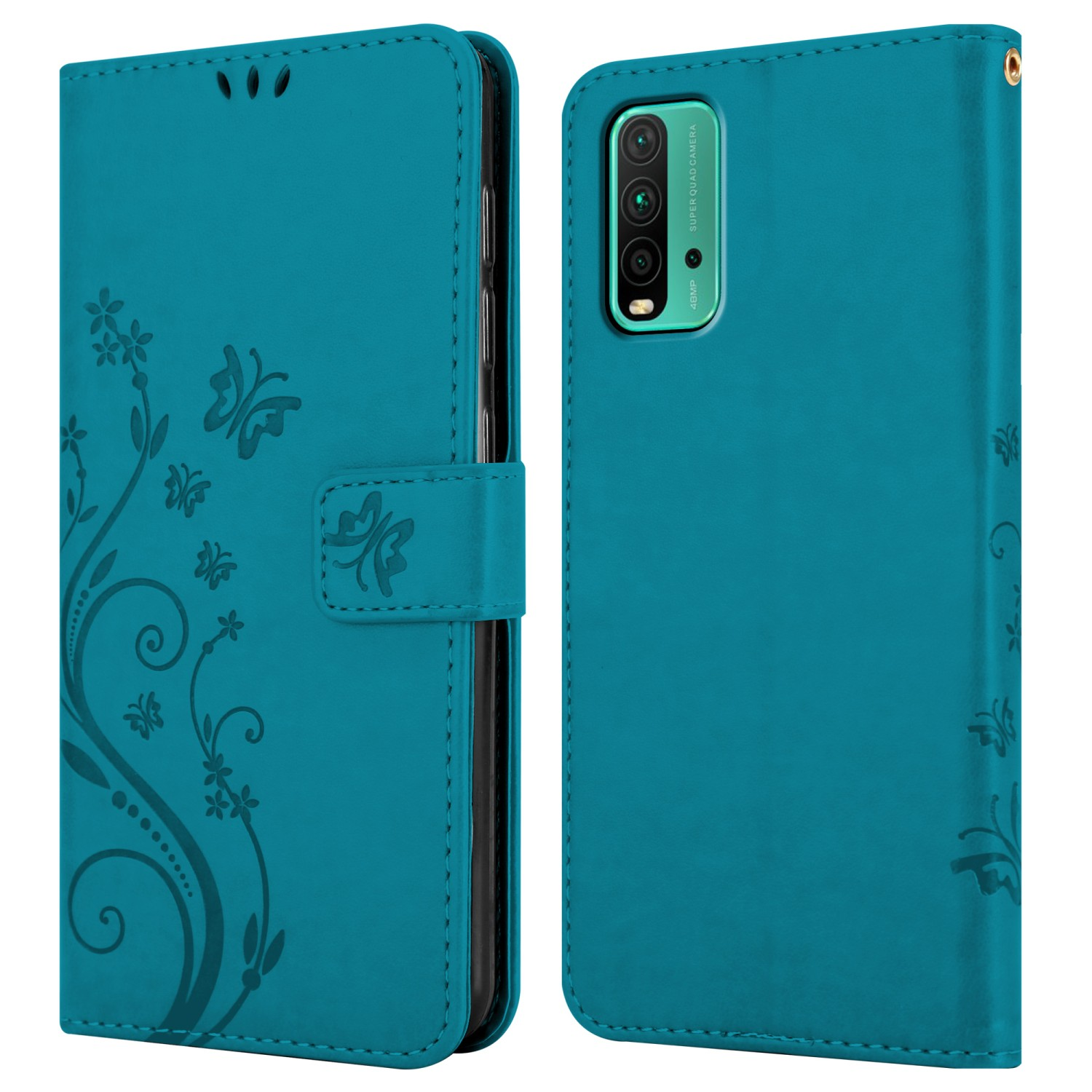 Custodia per telefono verde acqua aperta, con un telefono all'interno. Presenta un design floreale e scomparti per carte.