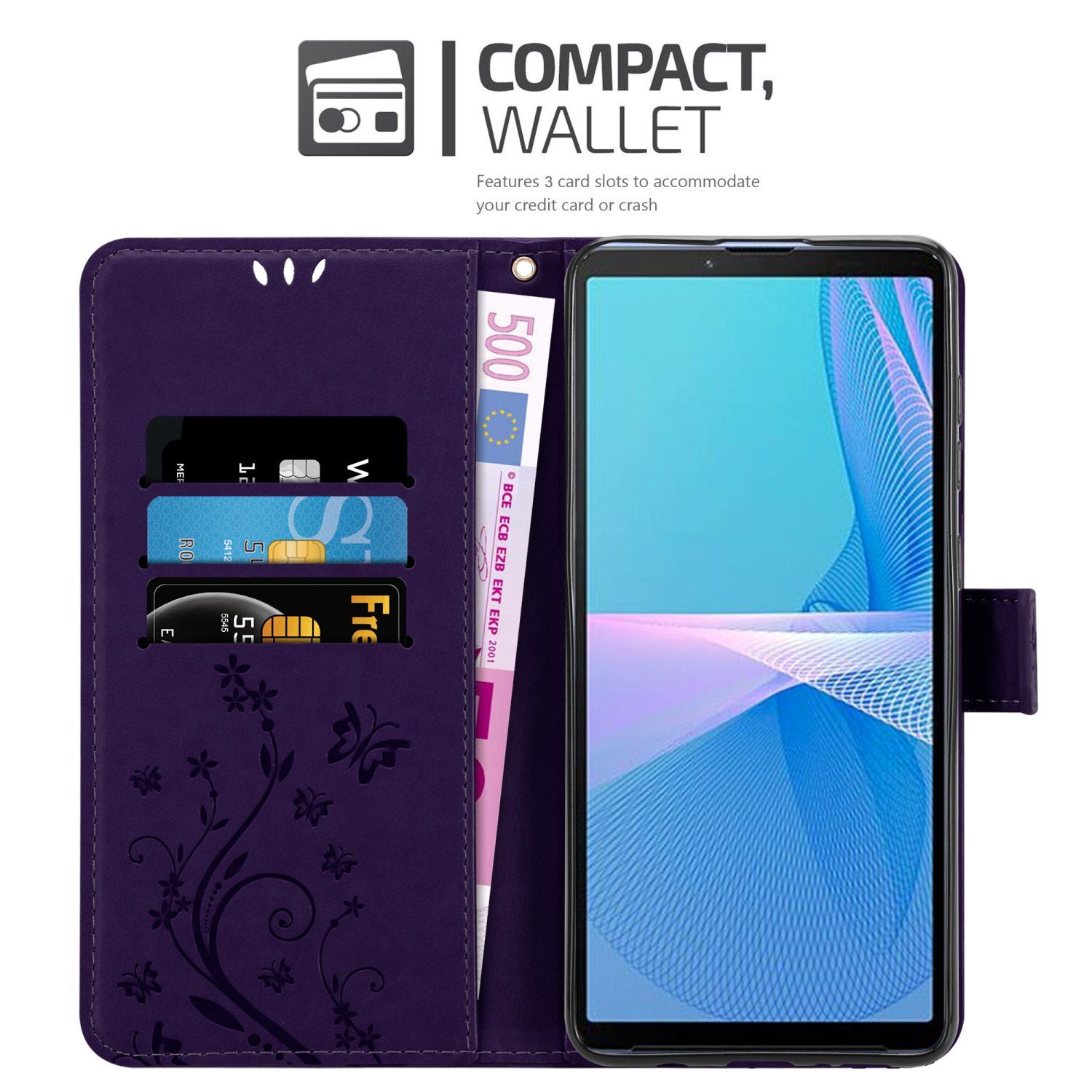 Custodia a portafoglio viola con carte e denaro all'interno. Il telefono è visibile.