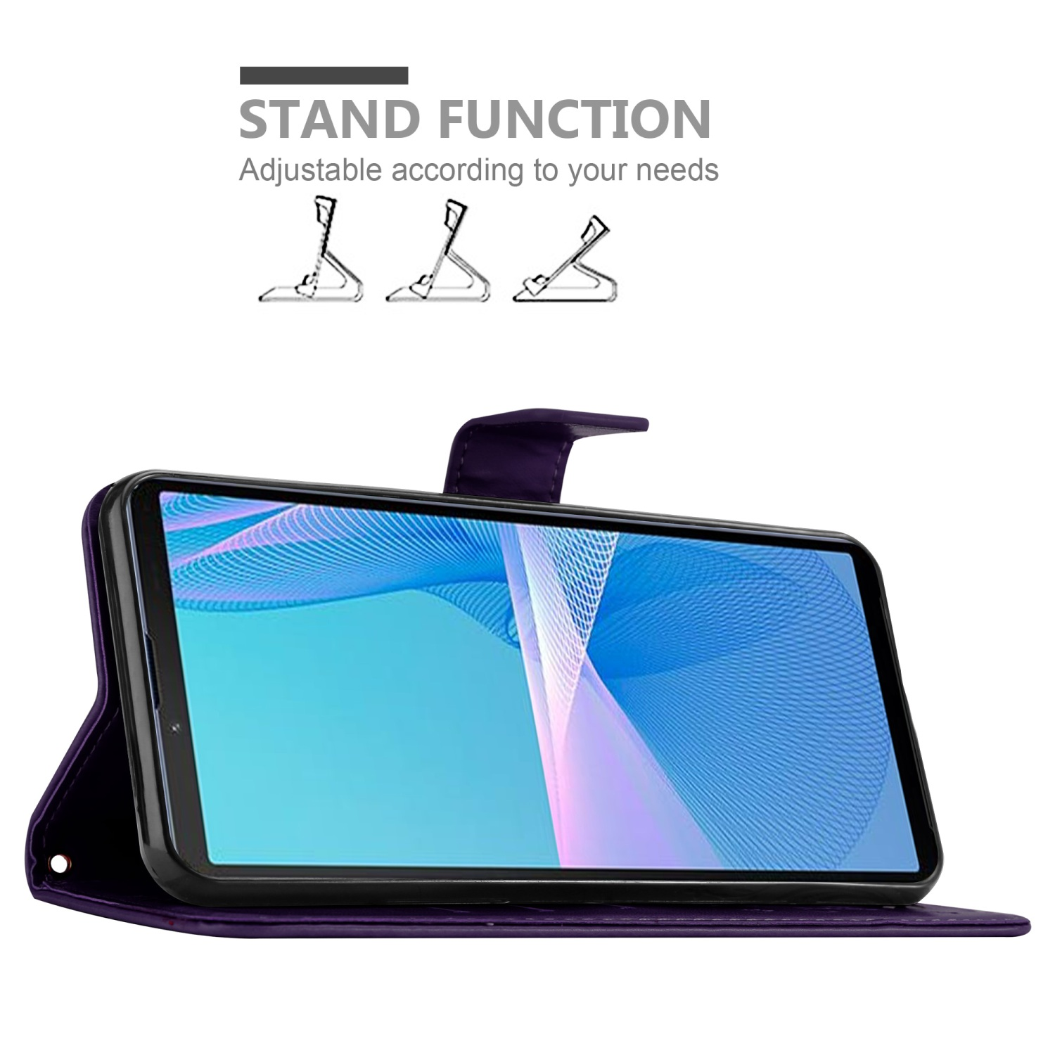 Custodia viola aperta con telefono all'interno. Testo: FUNZIONE SUPPORTO, Regolabile in base alle tue esigenze. Funzione supporto.