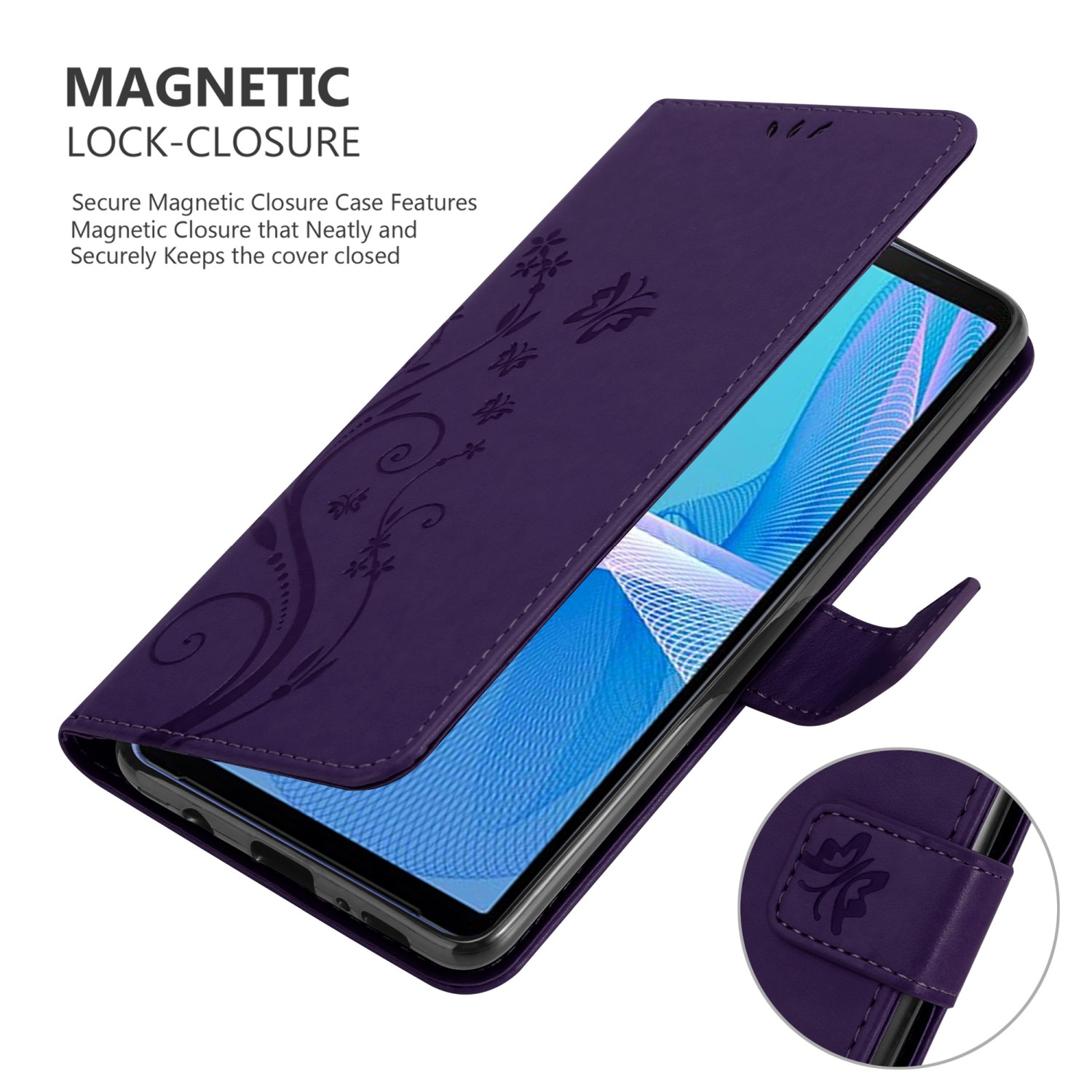 Custodia viola per telefono con design floreale aperta, che rivela un telefono. La custodia ha una chiusura magnetica.