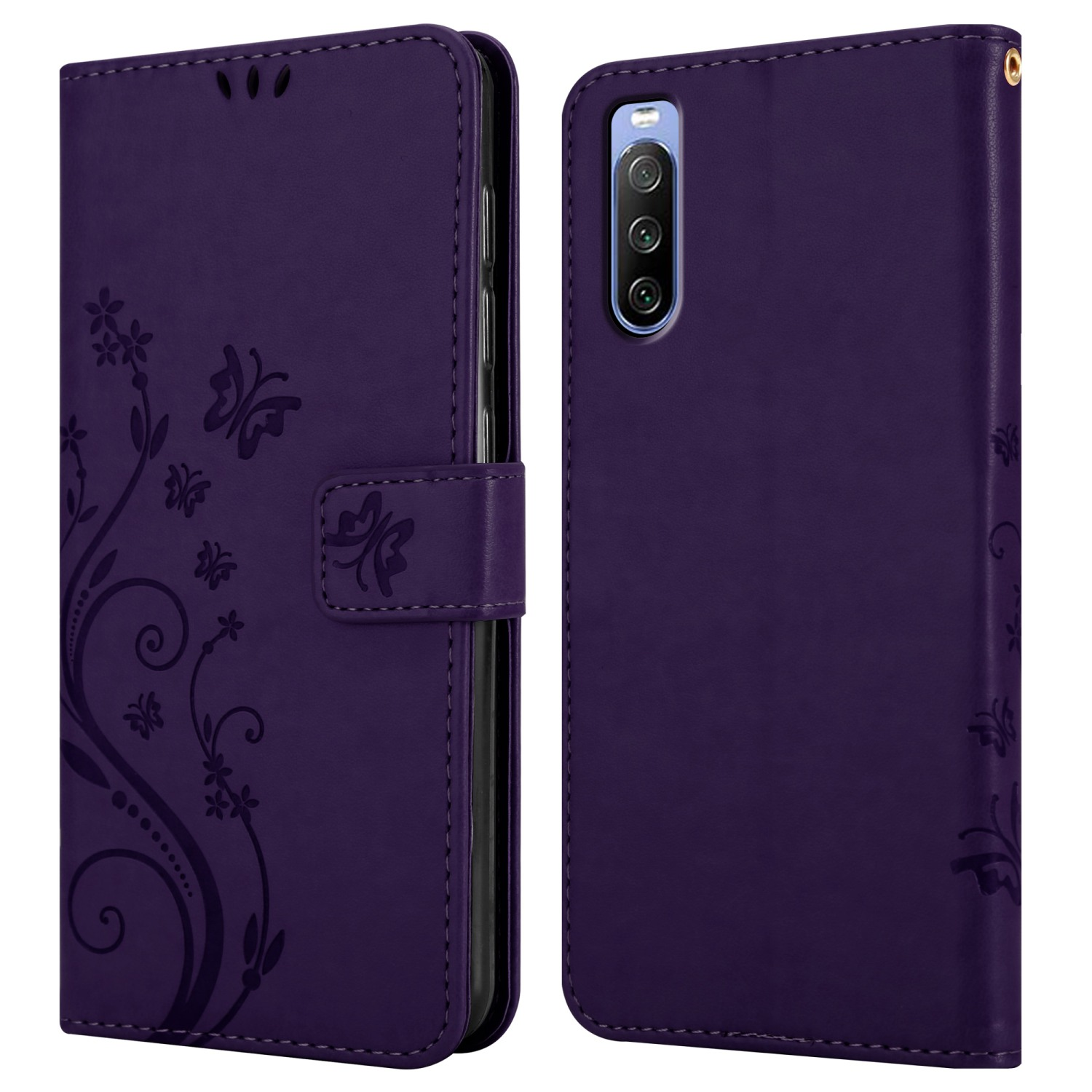 Custodia viola, aperta e chiusa. Design floreale sulla parte anteriore.