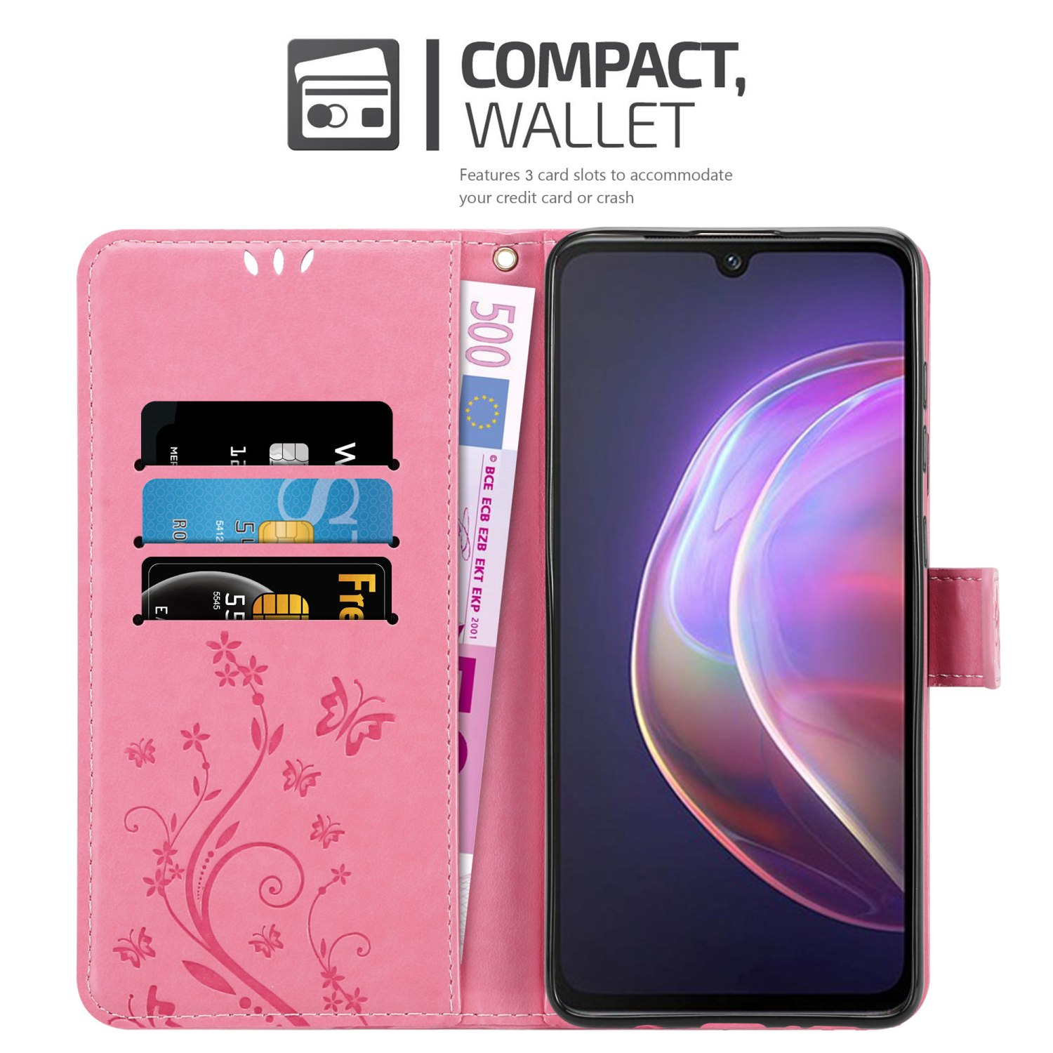 Custodia a portafoglio rosa con telefono, carte e contanti. Testo: Portafoglio compatto. 3 slot per carte.