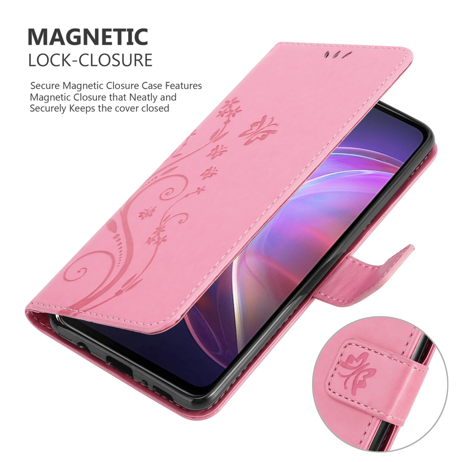 Custodia rosa per telefono con design floreale, aperta. Il telefono è dentro. Testo: Chiusura magnetica.