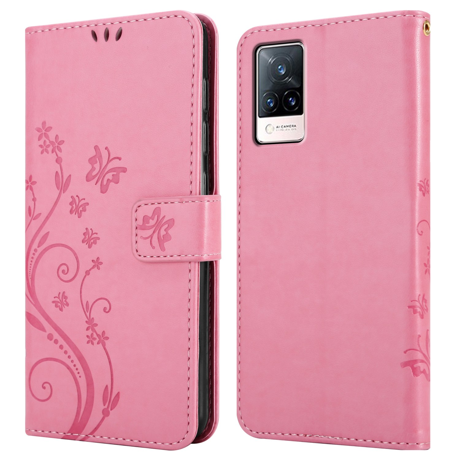 Custodia rosa, aperta, con telefono. Testo: Design floreale.