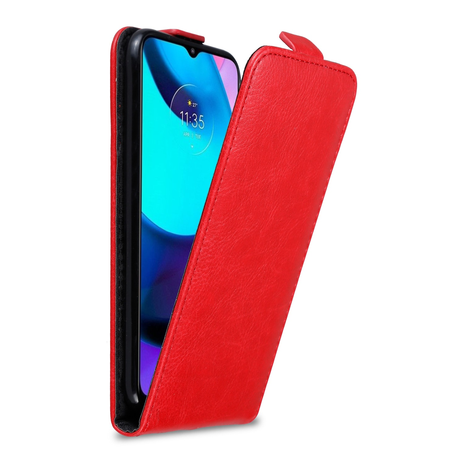Una custodia per telefono rossa con un telefono all'interno, parzialmente aperta, che mostra lo schermo.