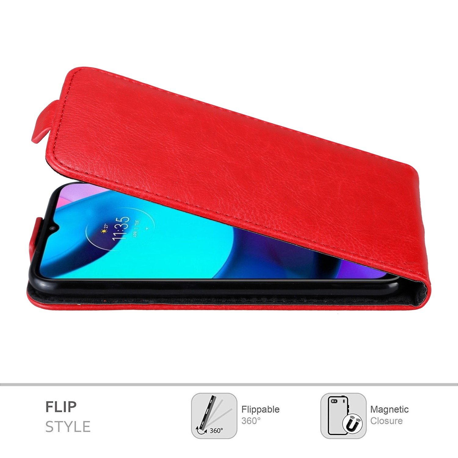 Custodia rossa per telefono, aperta. Telefono all'interno. Testo: Stile Flip. Chiusura magnetica.