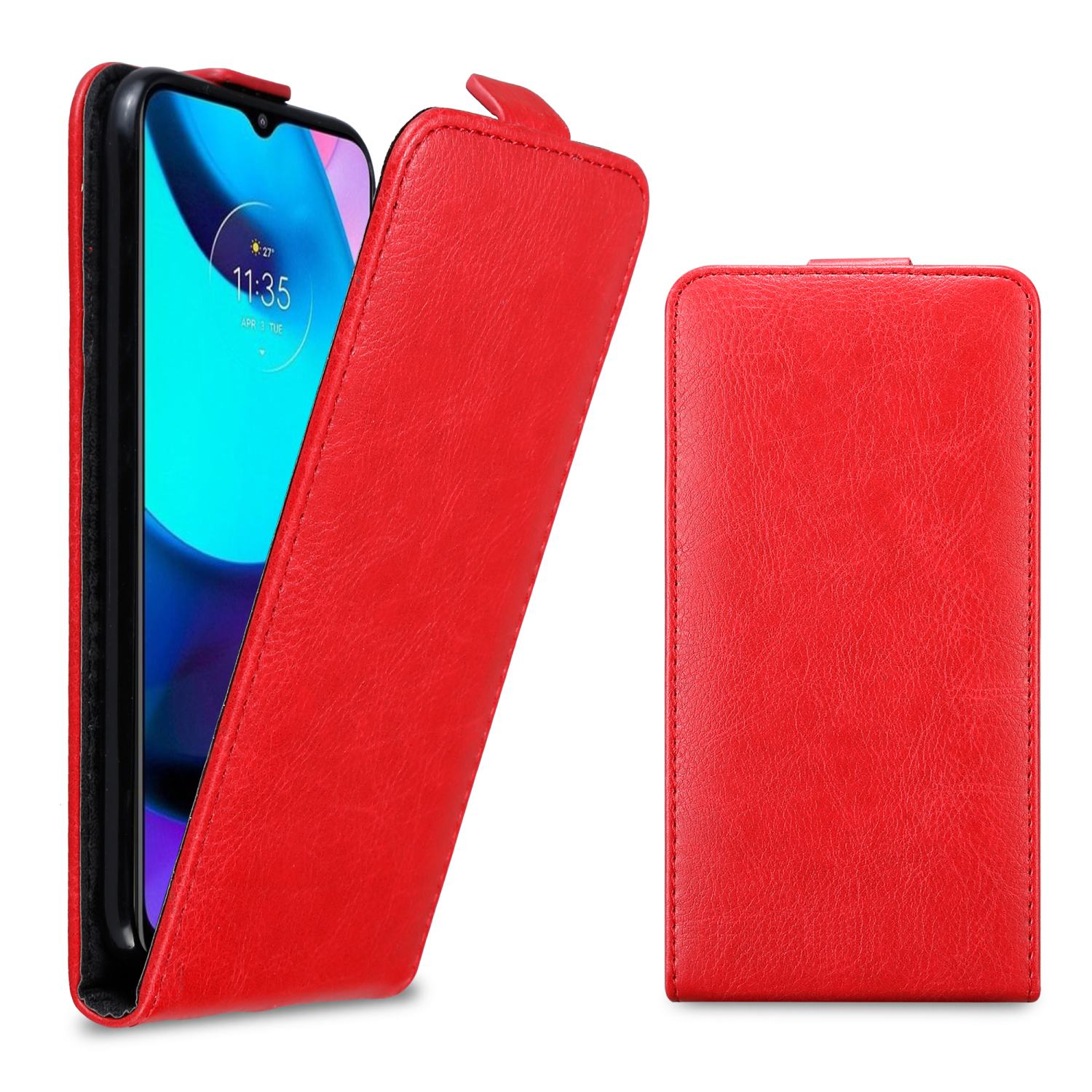 Una custodia per telefono rossa aperta con un telefono all'interno, accanto a una custodia per telefono rossa chiusa. Mostra lo schermo del telefono.