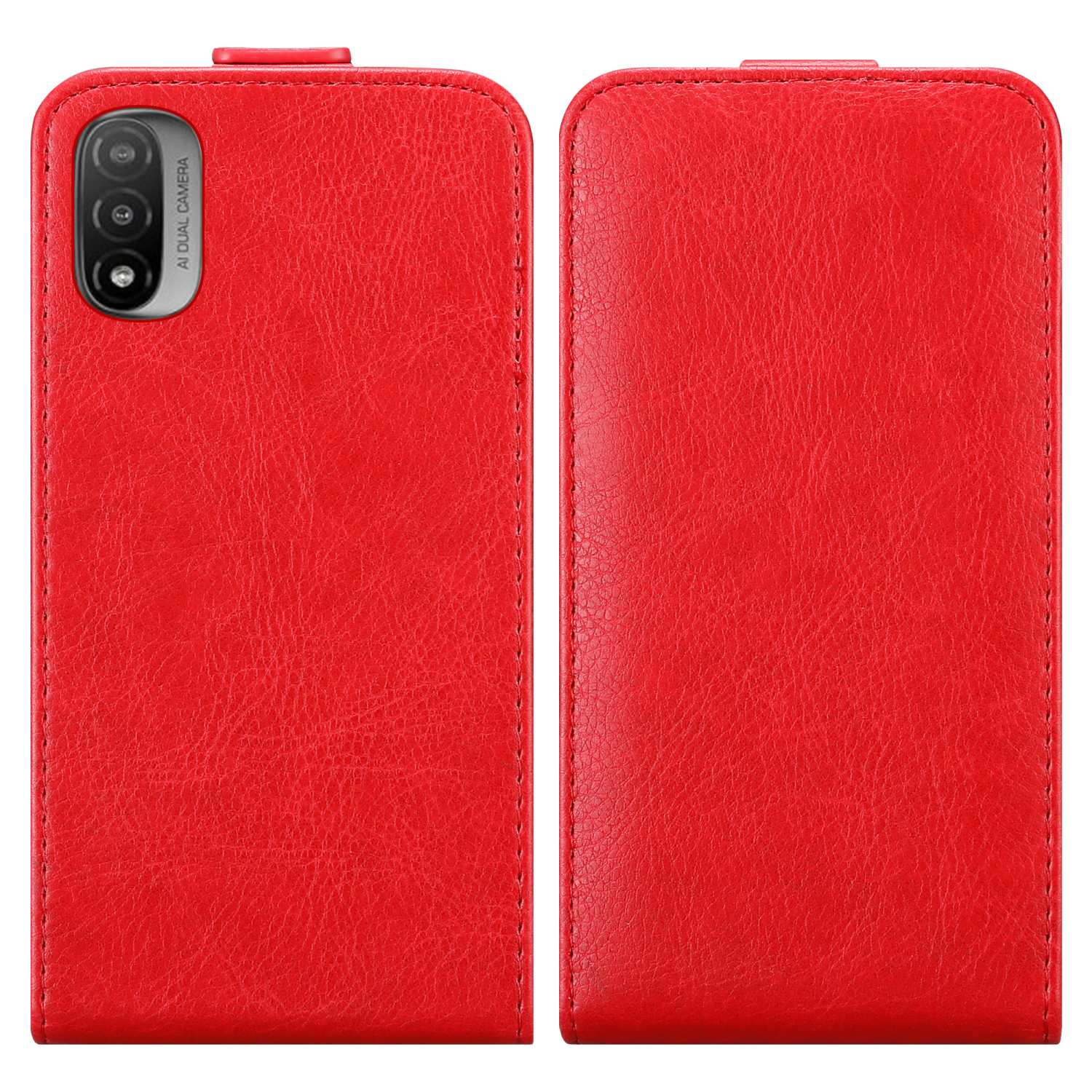 Custodia rossa aperta, mostra un telefono rosso. Texture in pelle visibile.