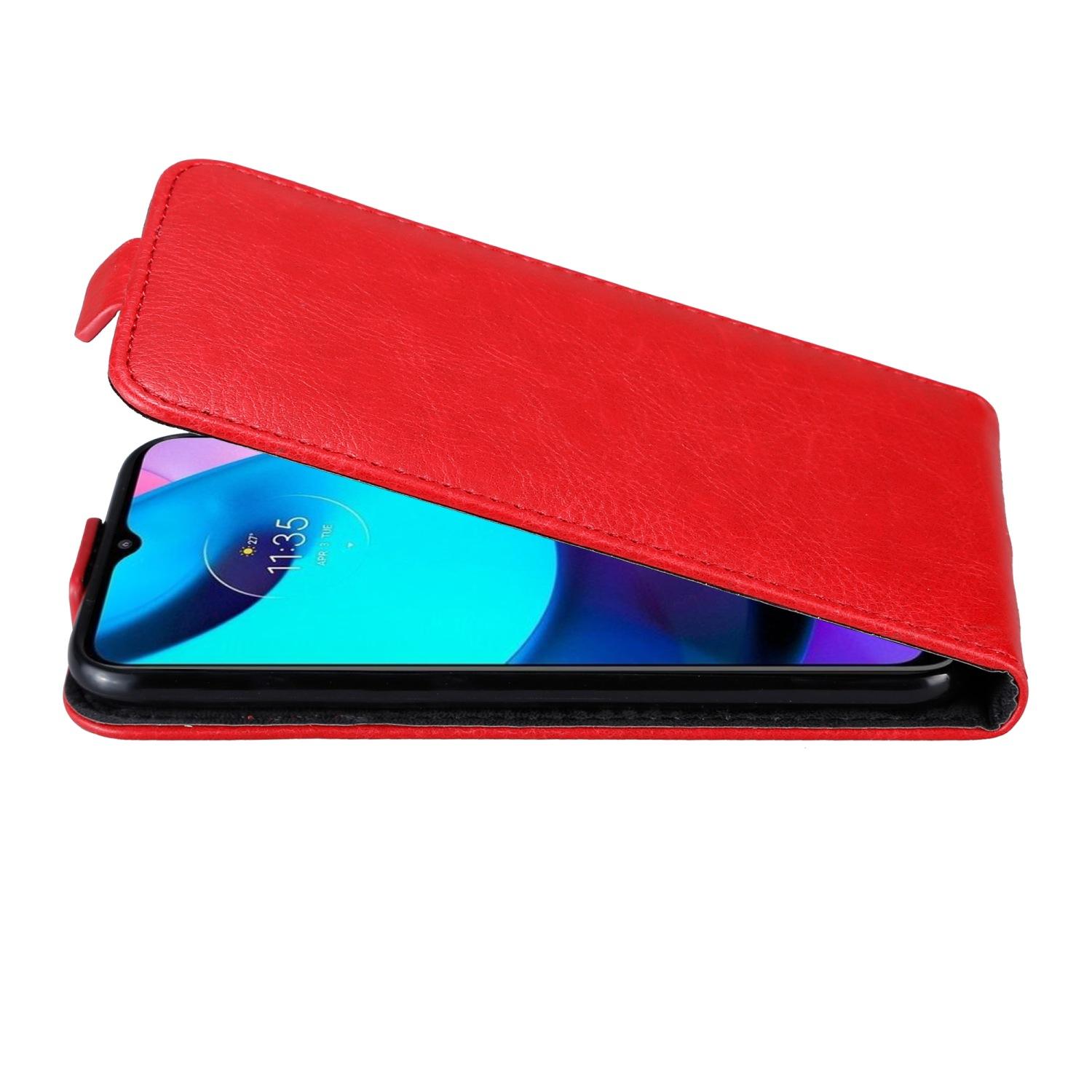 Custodia per telefono rossa, aperta. Schermo del telefono visibile. L'ora è 11:35 su sfondo blu e bianco.