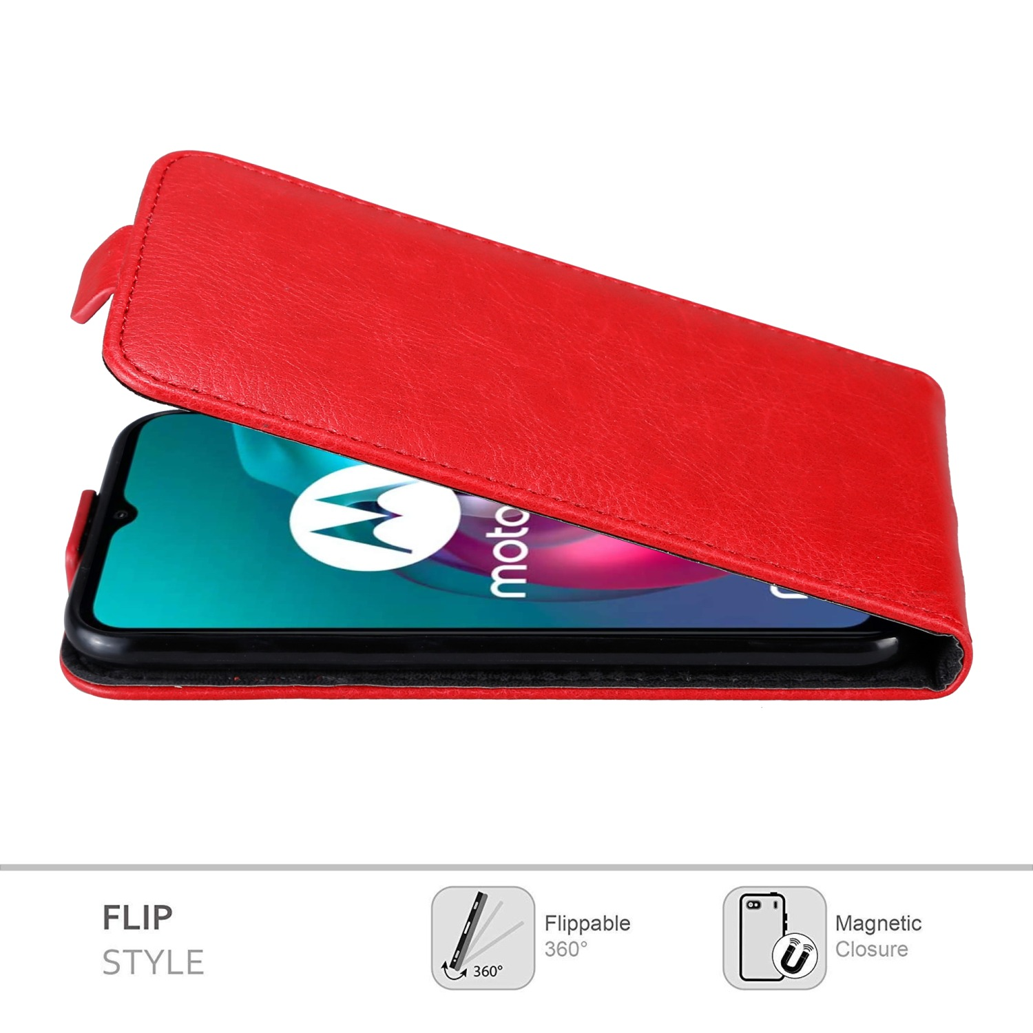 Rote Flip-Handyhülle. Sie öffnet sich und gibt einen Telefonbildschirm frei. Diagramme zeigen Flip und Magnetverschluss.