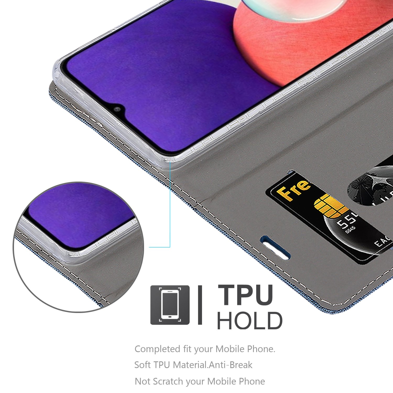 Custodia per telefono con telefono dentro. Custodia blu con fessura per carte. Testo 'TPU HOLD'.