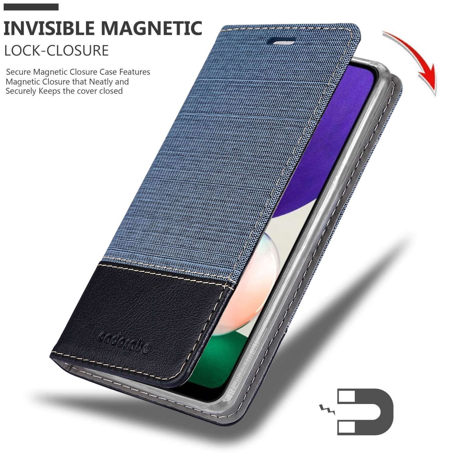 Custodia per telefono con texture denim e pelle nera, aperta per mostrare il telefono.