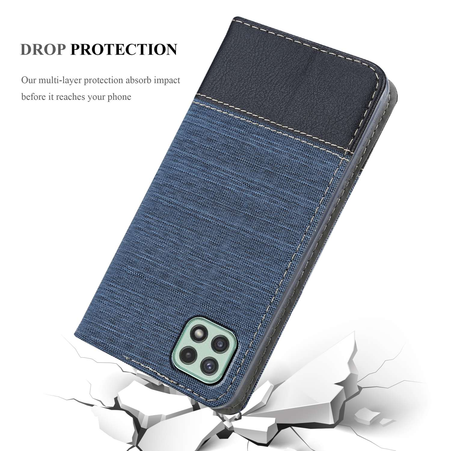 Una custodia per telefono blu con texture denim e parte superiore nera. Un telefono è all'interno. Viene pubblicizzata la protezione dagli urti.
