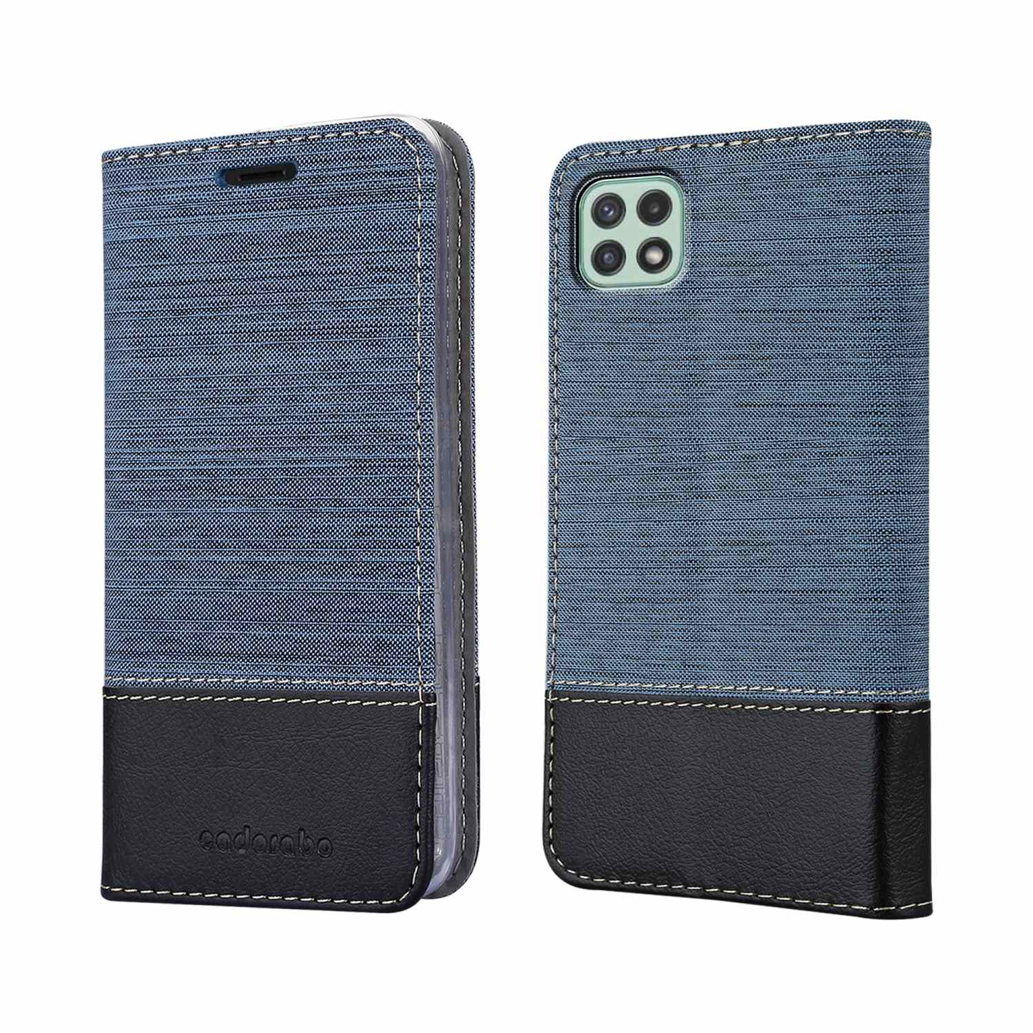 Custodia per telefono blu denim e nera. La custodia è chiusa. La custodia è composta da due parti.