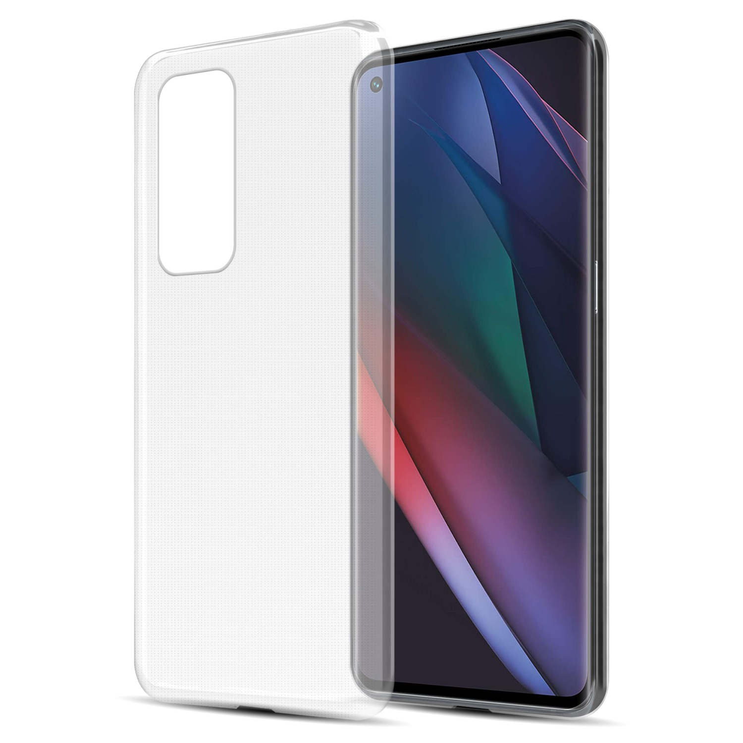 Transparente Handyhülle auf einem Telefon. Die Hülle ist transparent, mit sichtbarem Kameramodul.