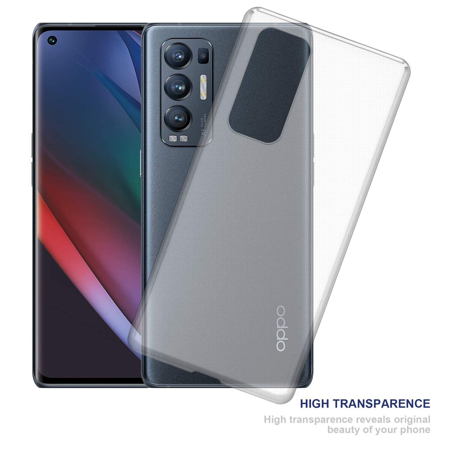 Telefon mit transparenter Hülle. Das Telefon ist grau, mit einer transparenten Hülle. Text: 'HIGH TRANSPARENCE'.