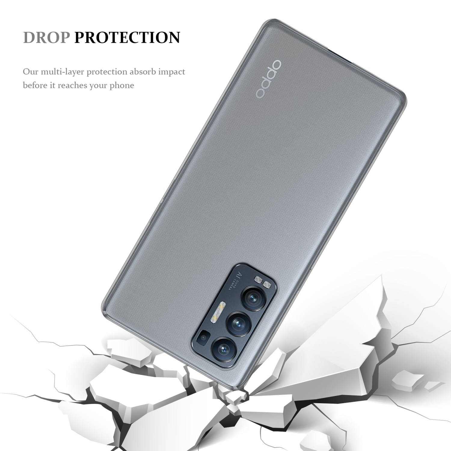 Silberne Handyhülle fällt, der Boden bricht. Text „Drop Protection“ steht oben.
