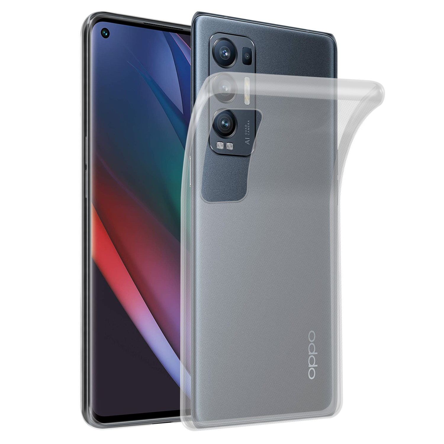 Ein Telefon mit einer transparenten Schutzhülle. Das Telefon ist dunkelgrau.