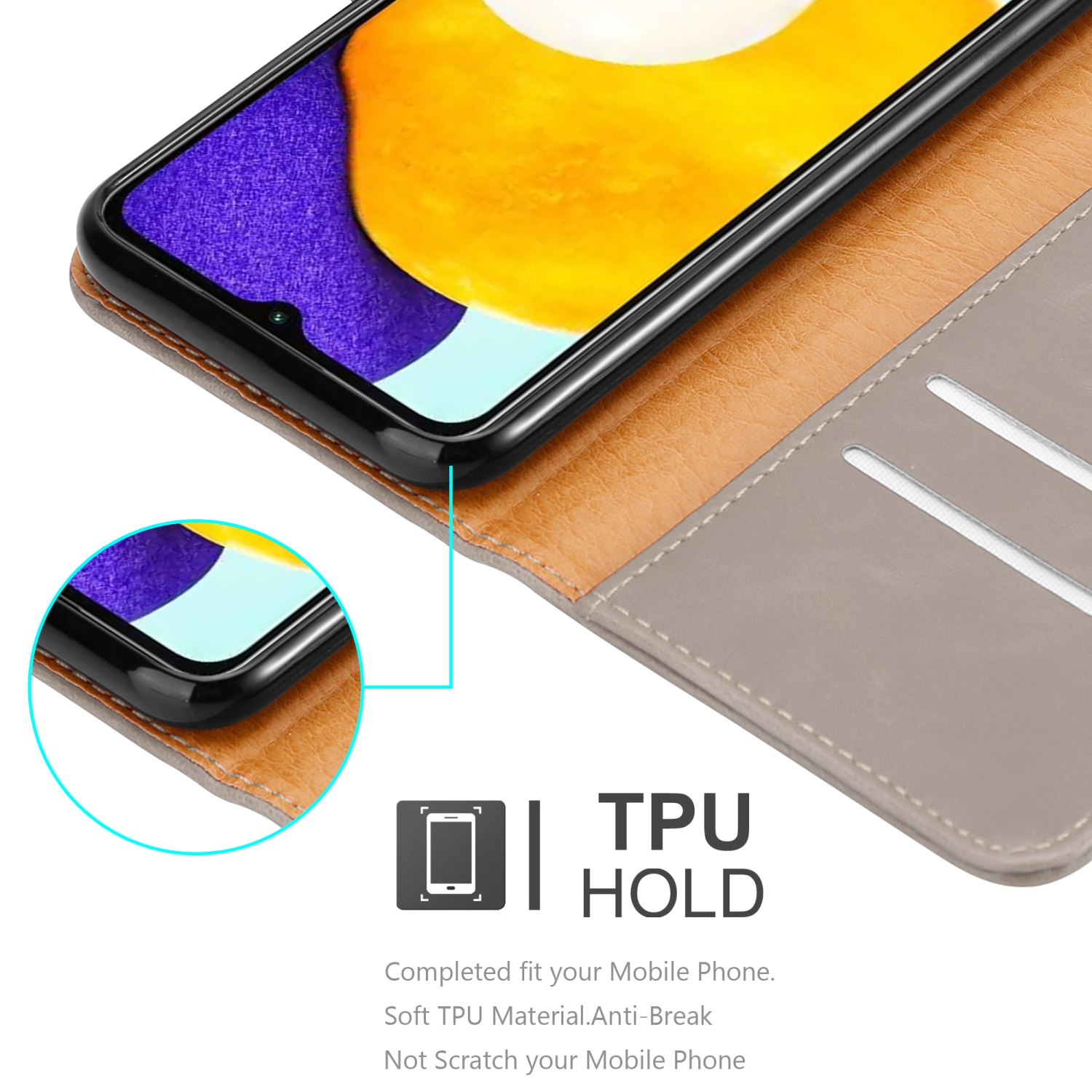 Un telefono in una custodia marrone e grigia. La custodia ha un'etichetta TPU HOLD. Materiale TPU morbido, anti-rottura, antigraffio.
