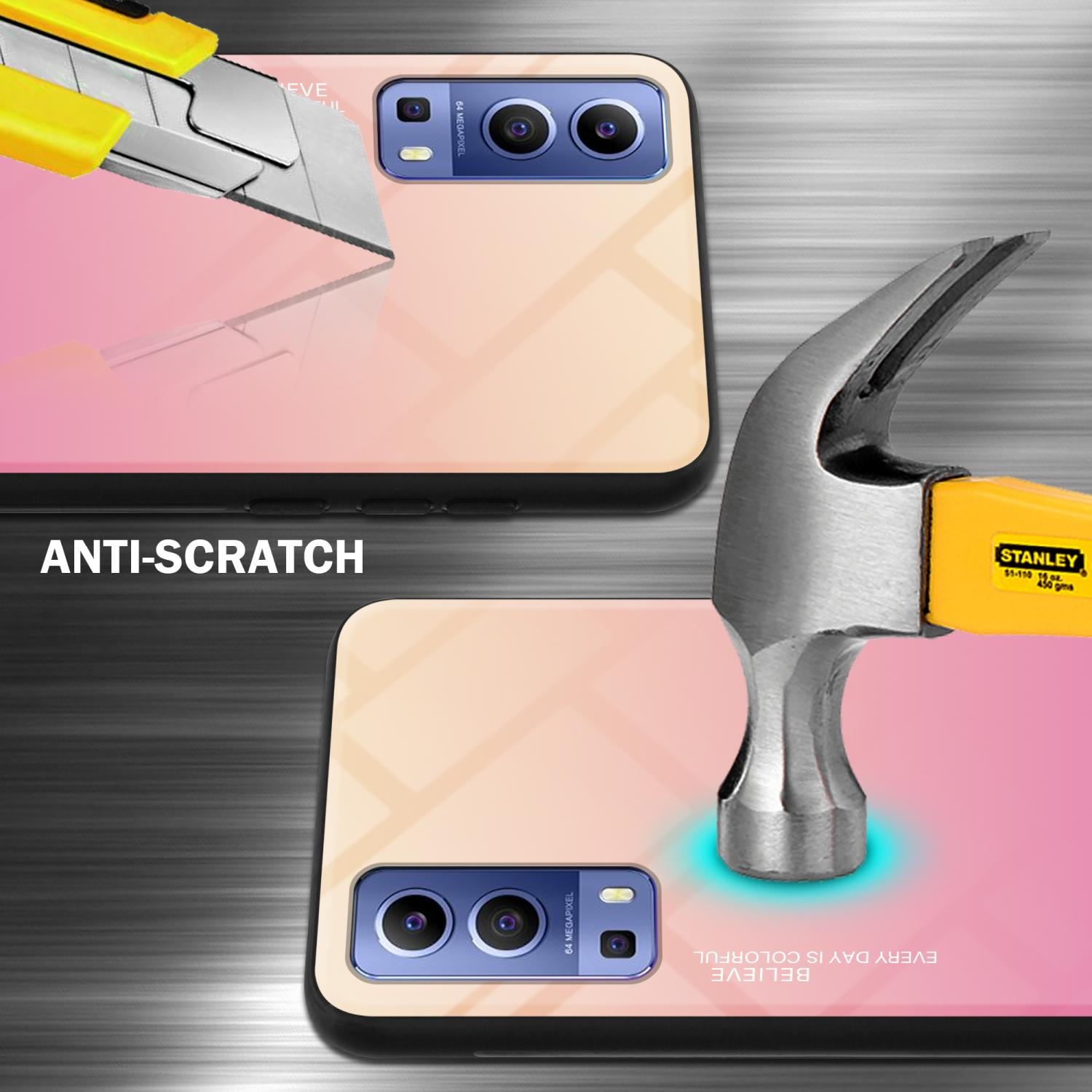 Due custodie per telefono, con un martello che colpisce lo schermo. Il testo "Anti-graffio" è visibile.