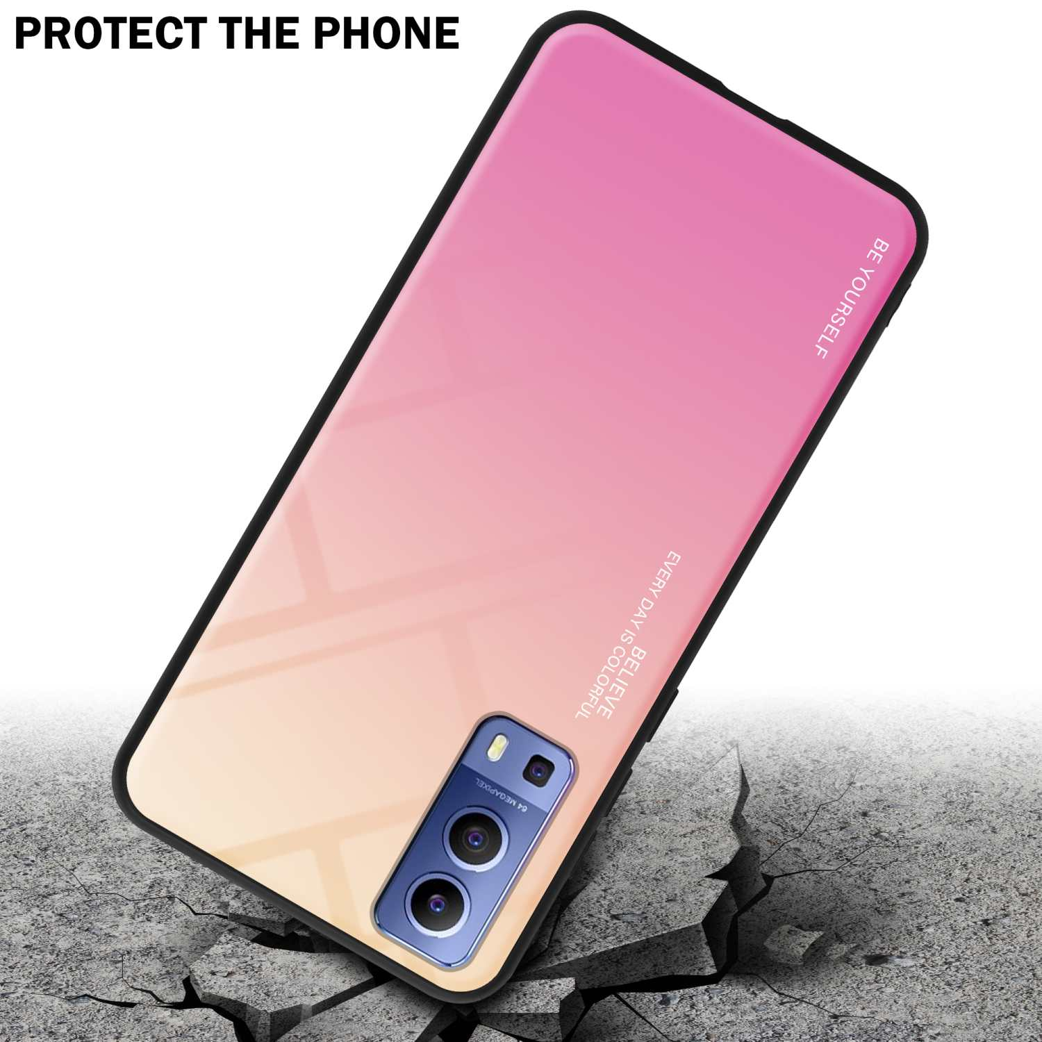 Custodia per telefono con sfumatura rosa e giallo. Telefono a terra. Cornice nera. Sfondo bianco.