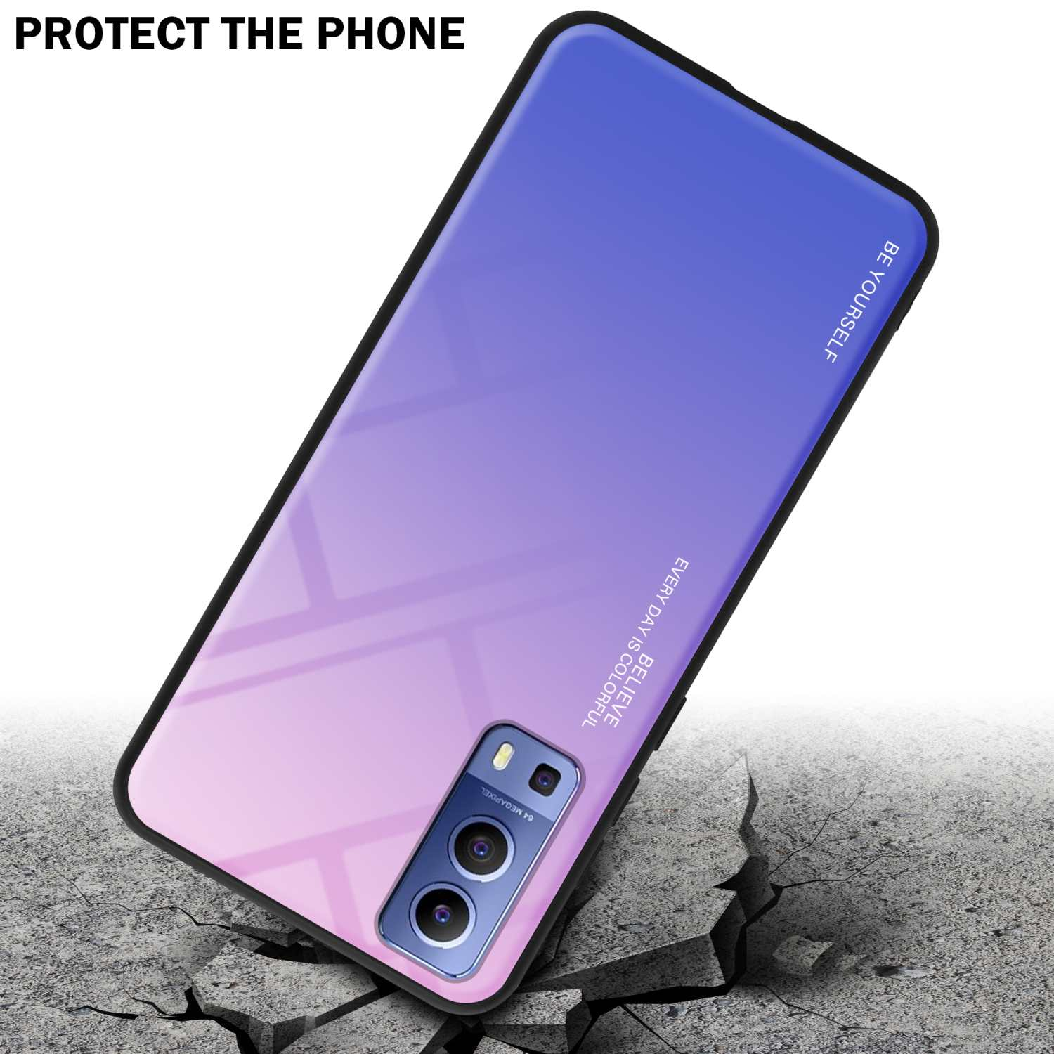 Custodia con colori sfumati, che cade su terreno crepato, testo 'PROTEGGI IL TELEFONO'.