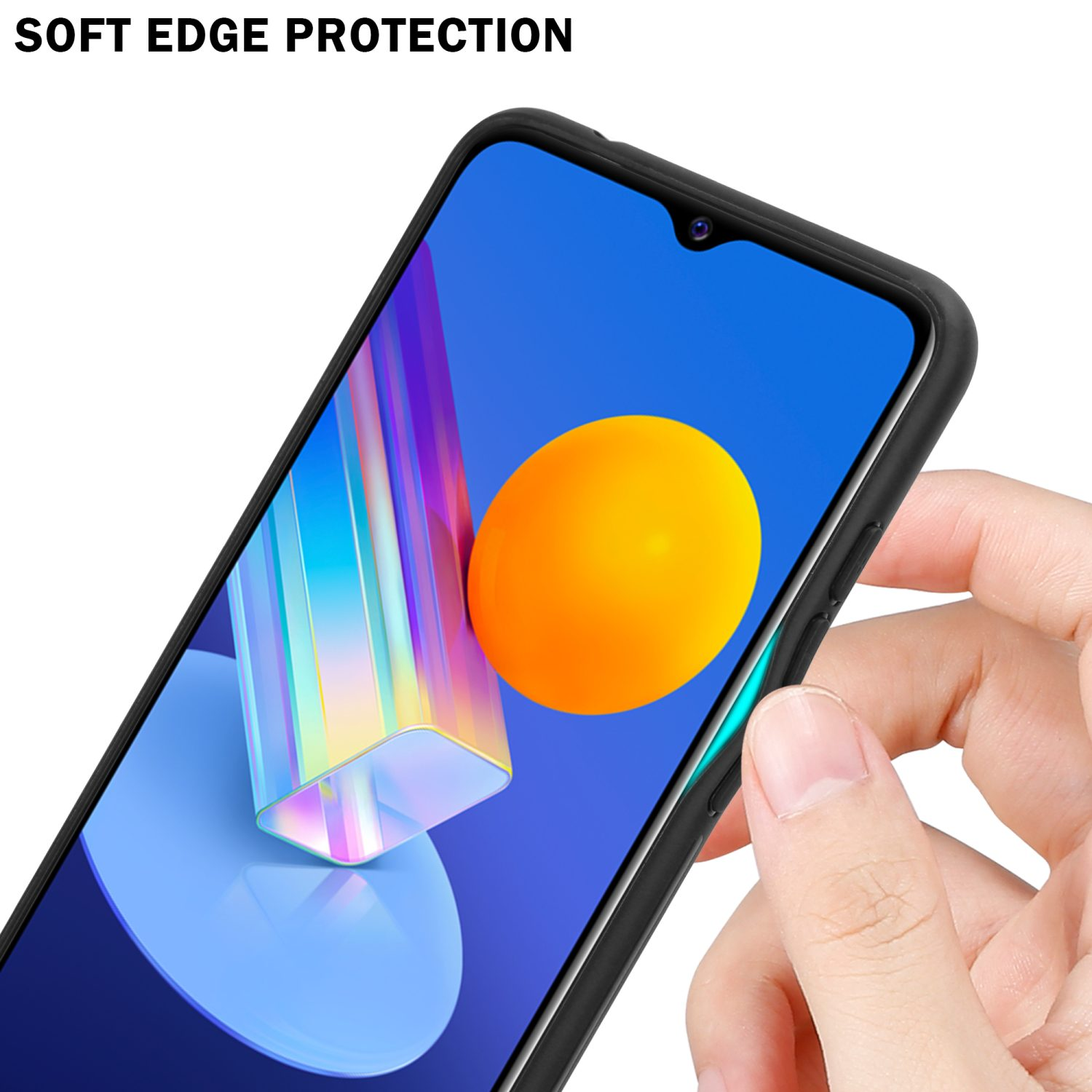 Telefono nero tenuto in mano, con sfera arancione sullo schermo, testo 'SOFT EDGE PROTECTION'.