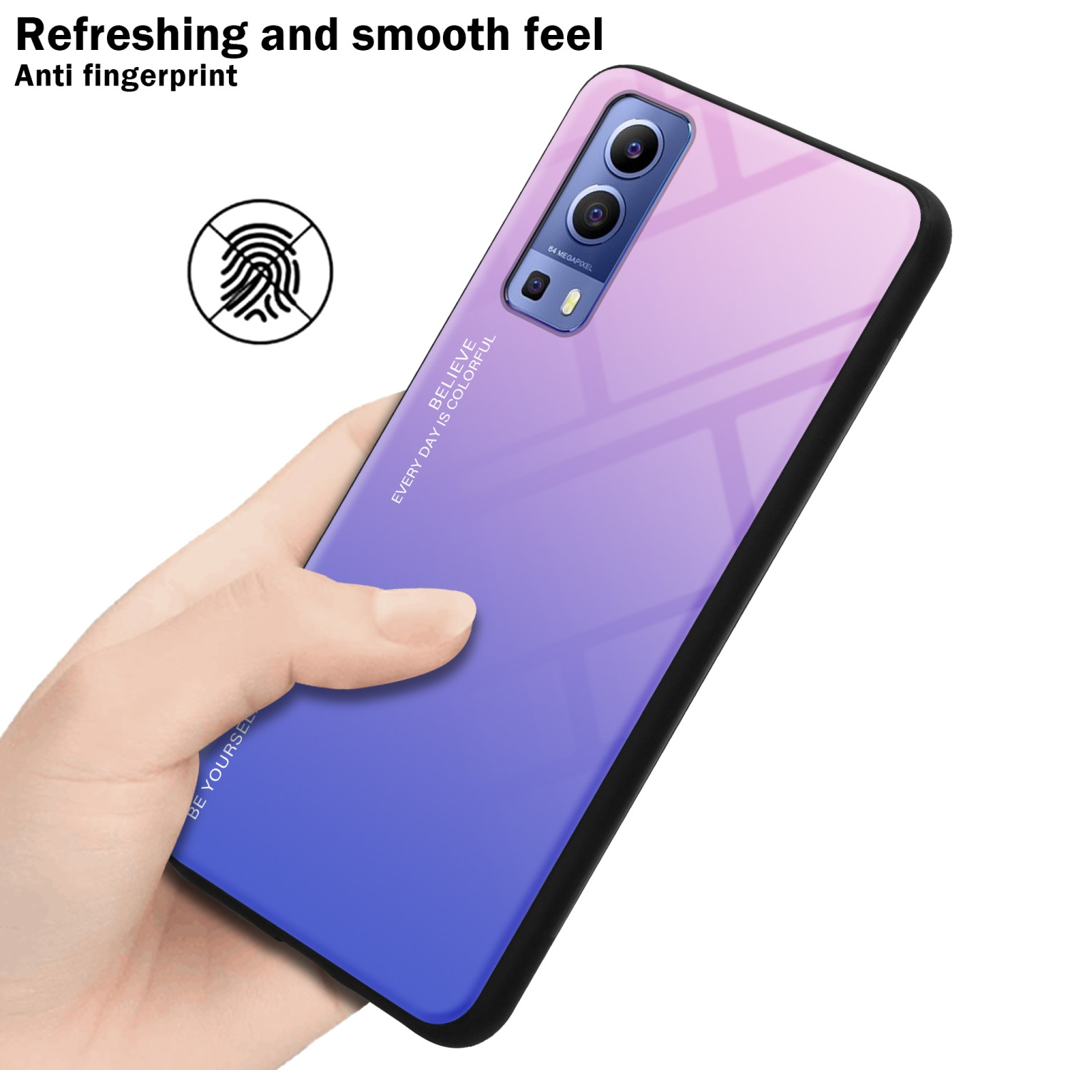 Mano che tiene una custodia per telefono sfumata viola con bordo nero. Testo anti-impronte. Icona impronta digitale.