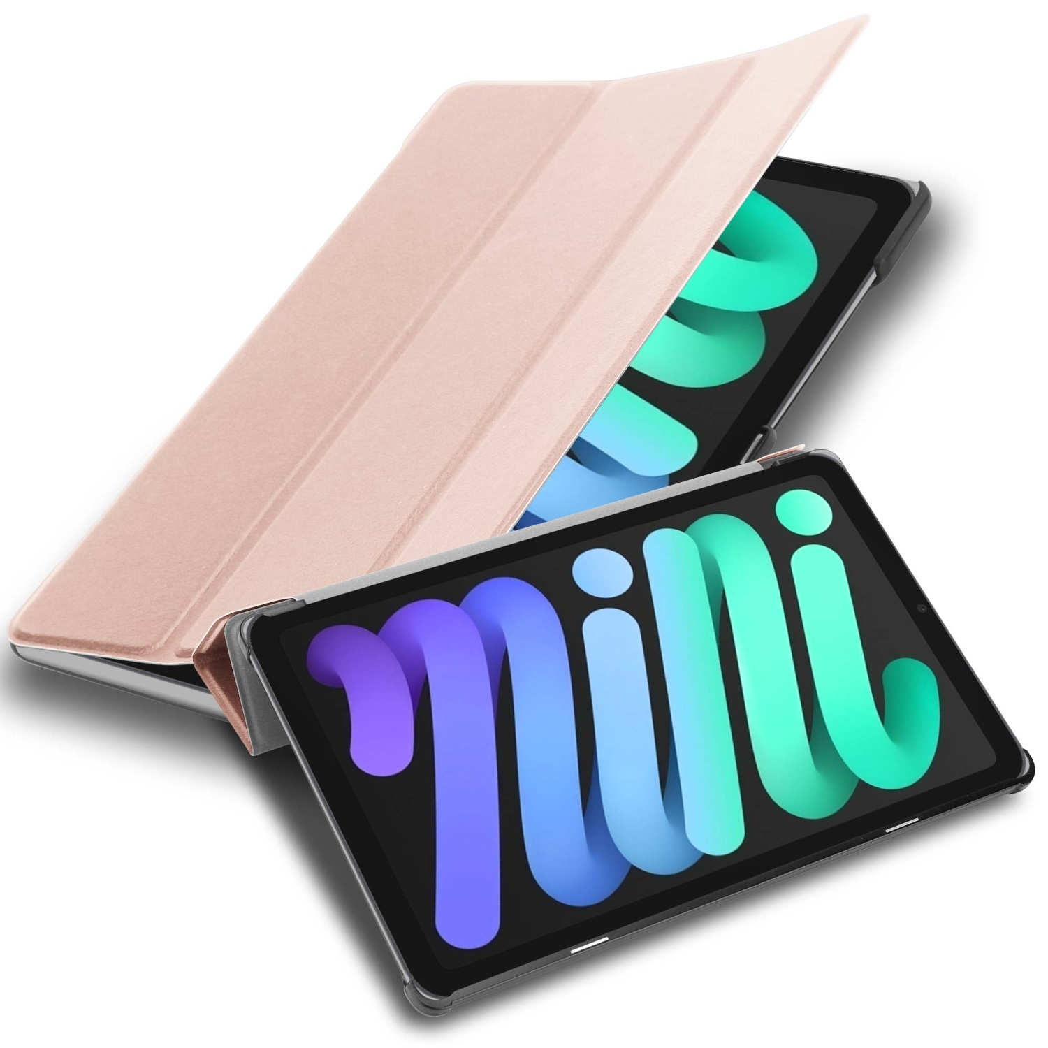 Custodia per tablet oro rosa, aperta per rivelare lo schermo di un tablet.