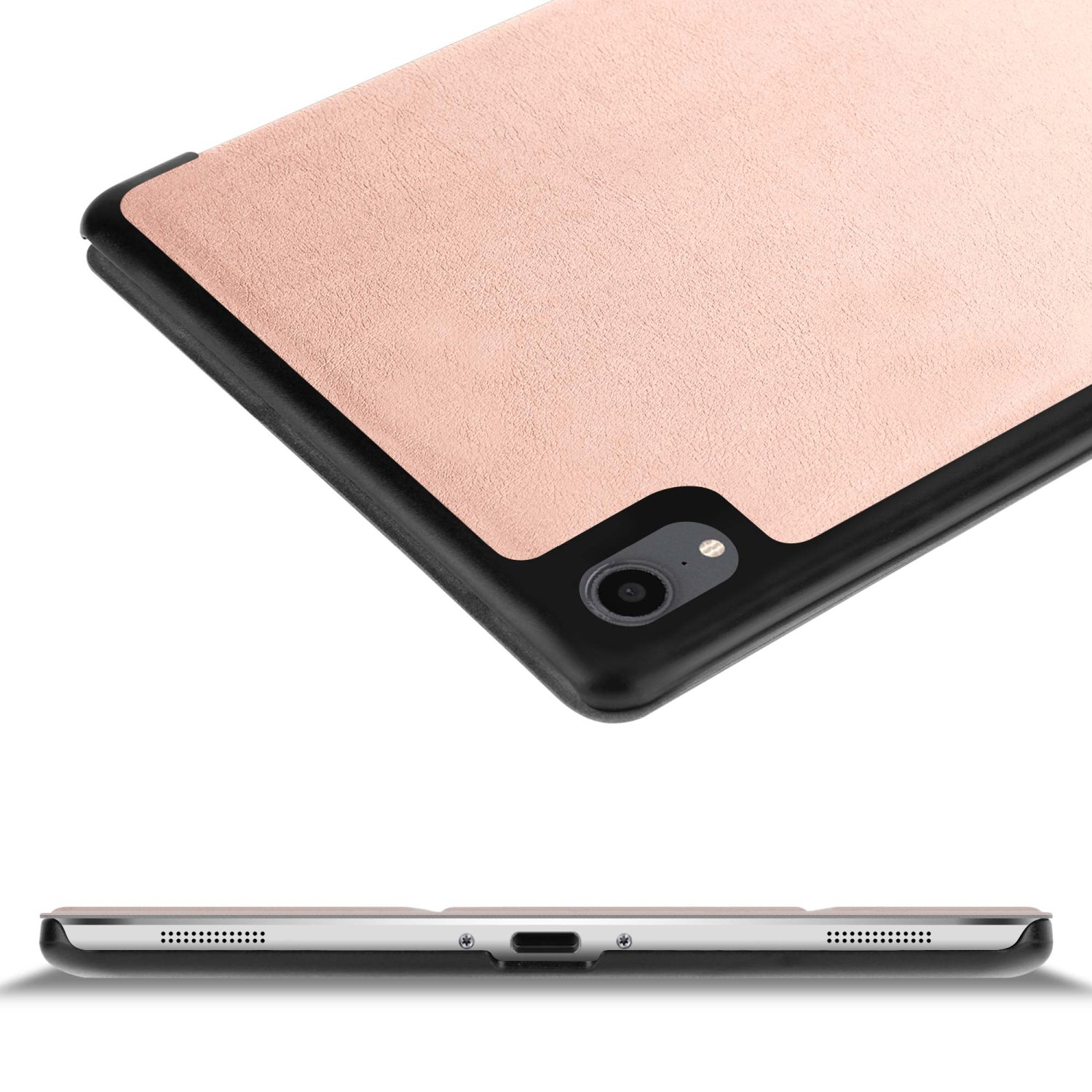 Una custodia per telefono con retro rosa. La fotocamera e un bordo nero sono visibili. Viene mostrata anche la vista laterale.